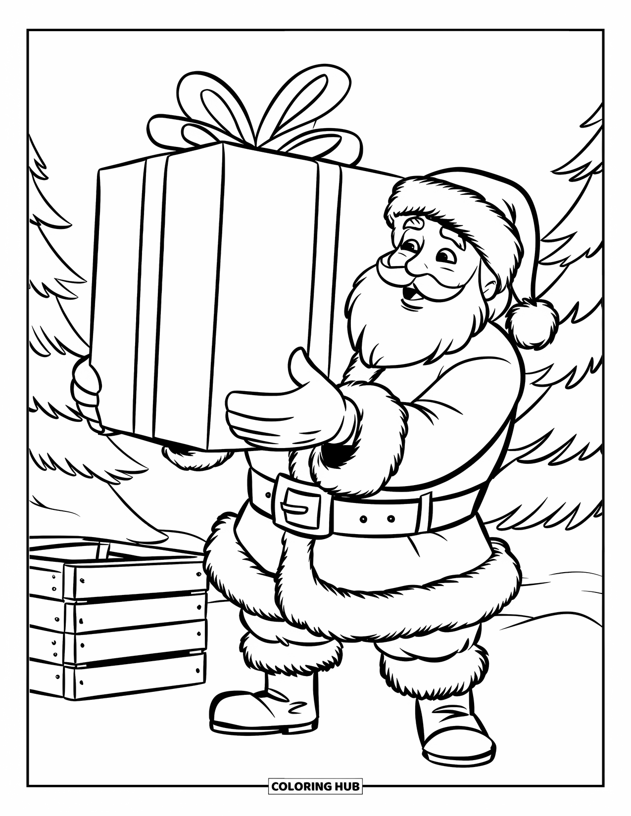Christmas Presents Coloring Page for Kids: Santa smiles while holding a big gift wrapped in ribbon and paper