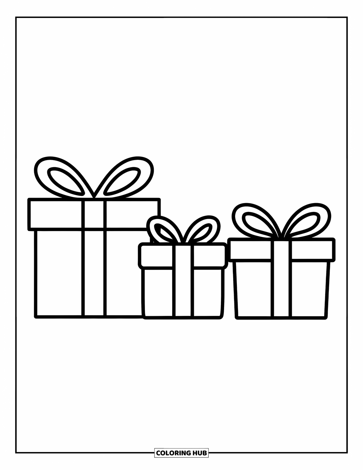 Christmas Presents Coloring Page for Kids: Three cheerful gift boxes with ribbons, ready to spread holiday joy