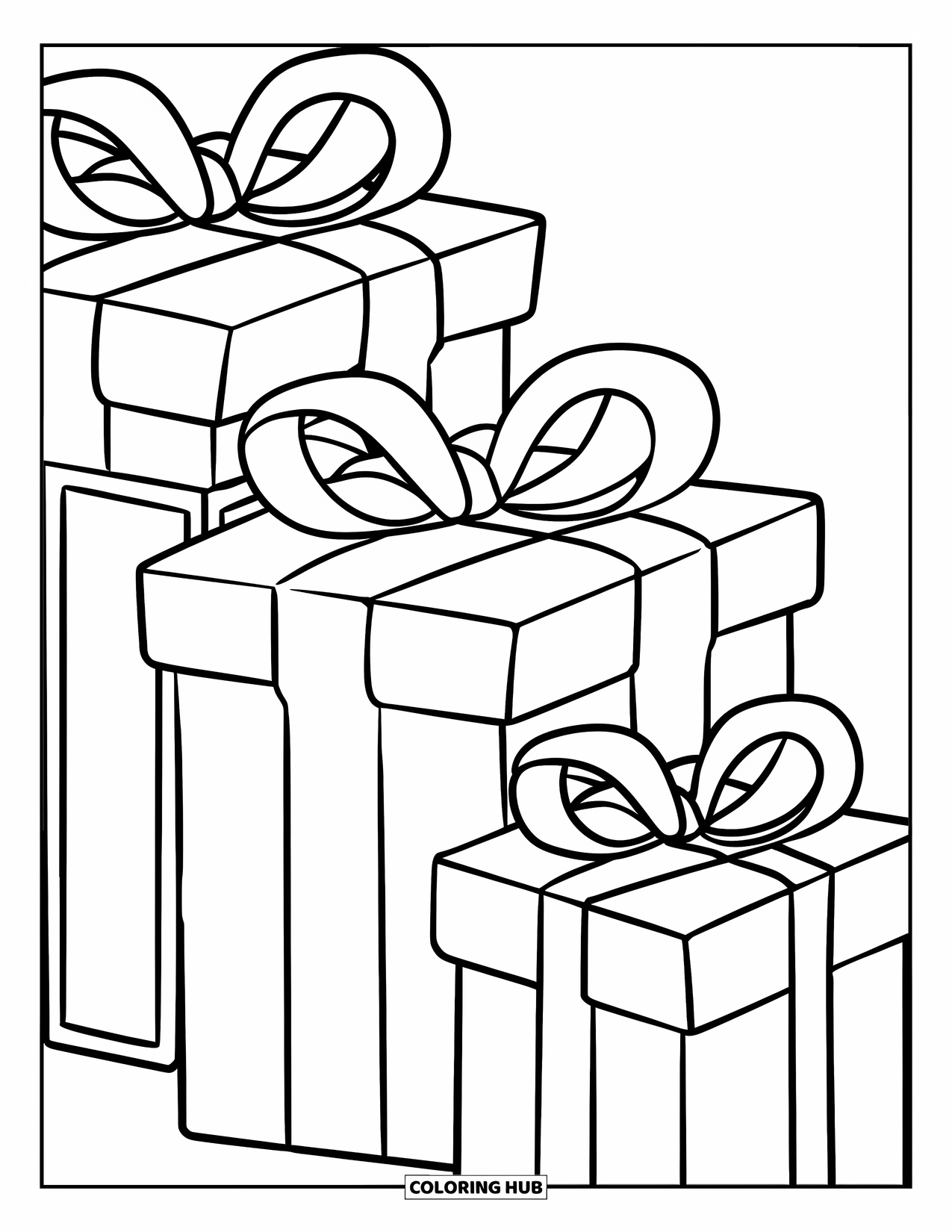 Christmas Presents Coloring Page for Kids: Three festive gift boxes lined up neatly with big, bold ribbons