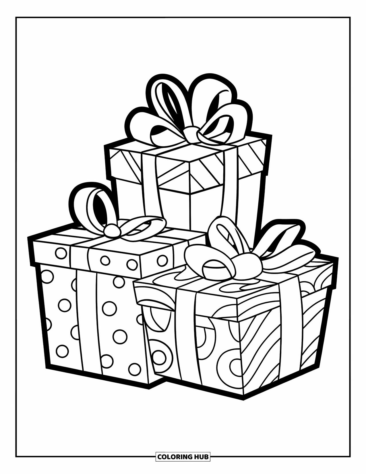 Christmas Presents Coloring Page for Kids: Three presents with unique ribbons sitting neatly on a wooden base