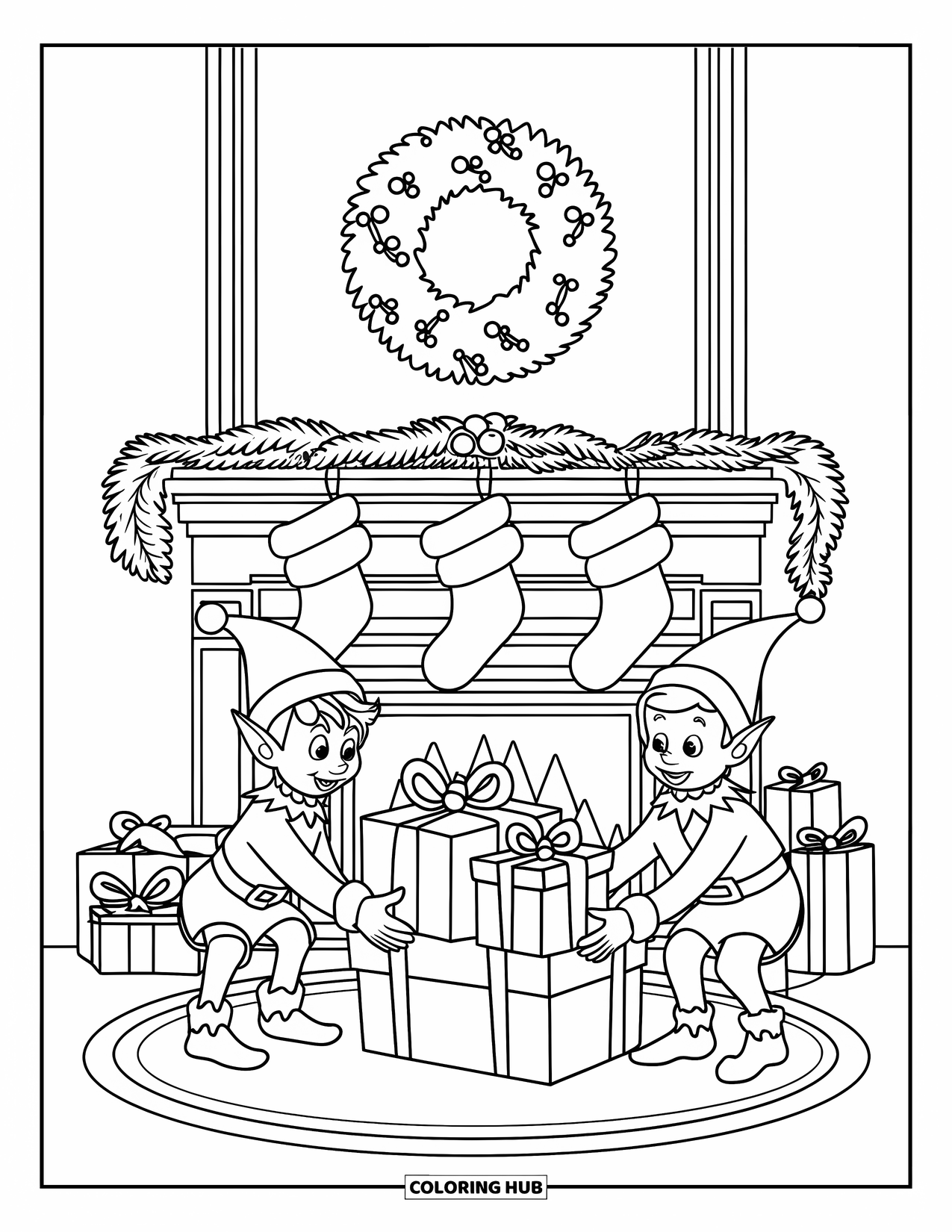 Christmas Presents Coloring Page for Kids: Two cheerful elves stack gifts under a wreath and stockings by the fire