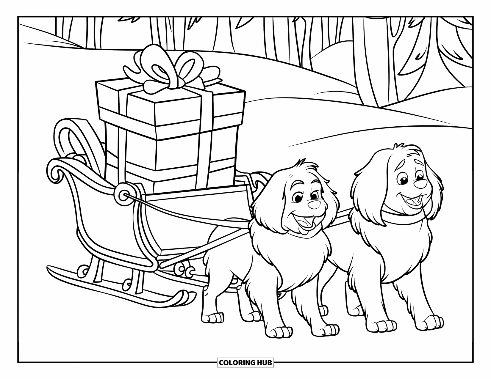 Christmas Presents Coloring Page for Kids: Two fluffy dogs pull a sleigh carrying one giant gift through the snow