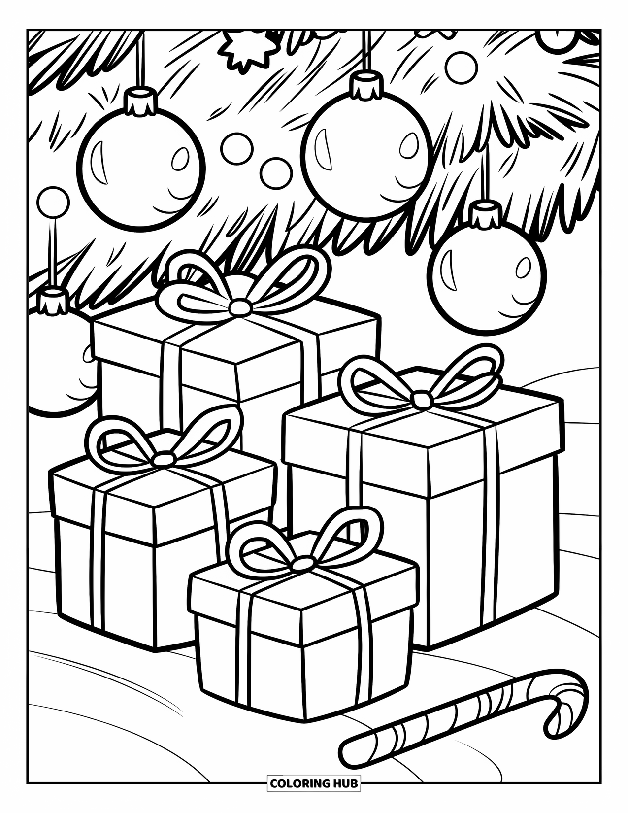 Christmas Presents Coloring Page for Kids: Wrapped gifts rest under a Christmas tree with shiny ornaments and bows
