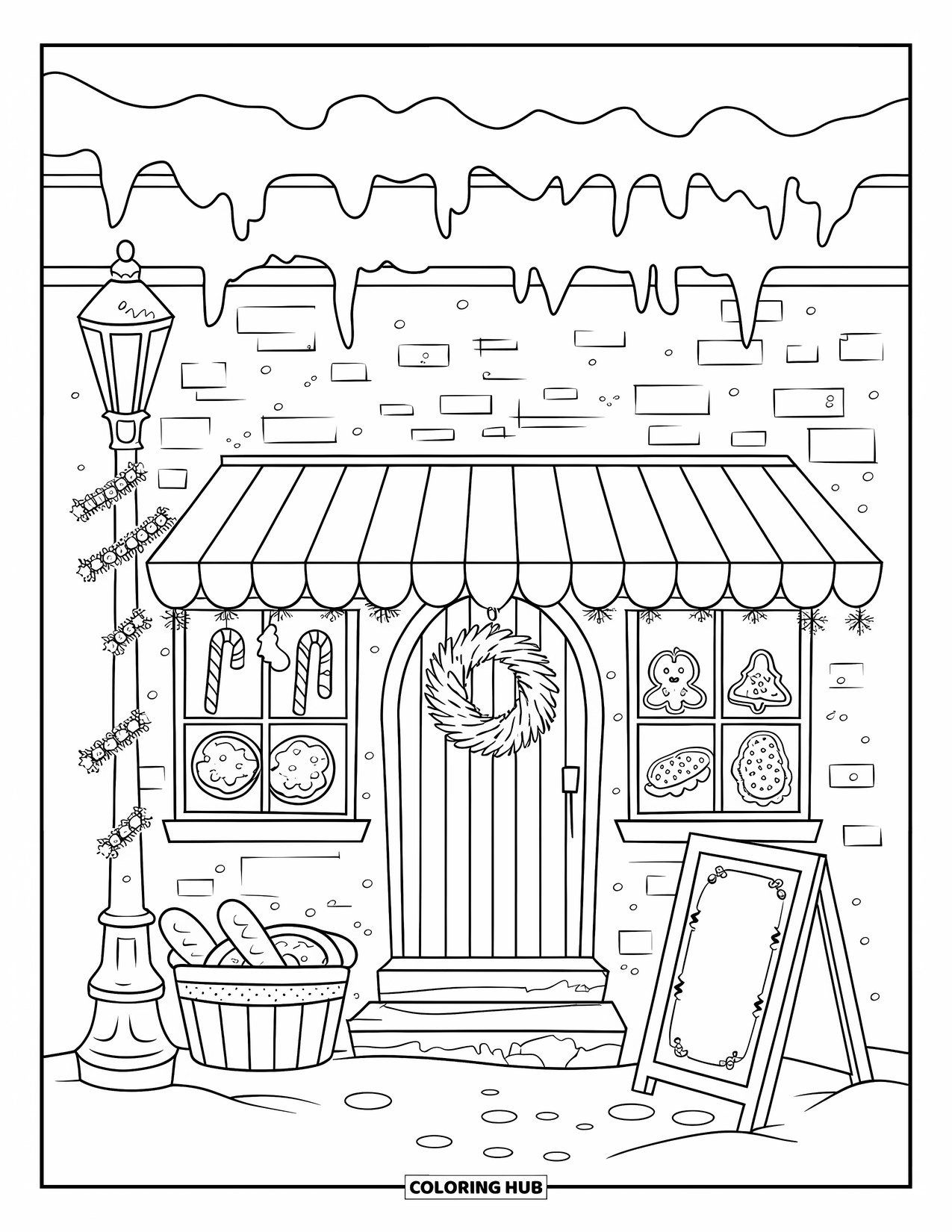 Christmas Village Coloring Page for Adults: A bakery window glows with cookies, bread, and candy canes