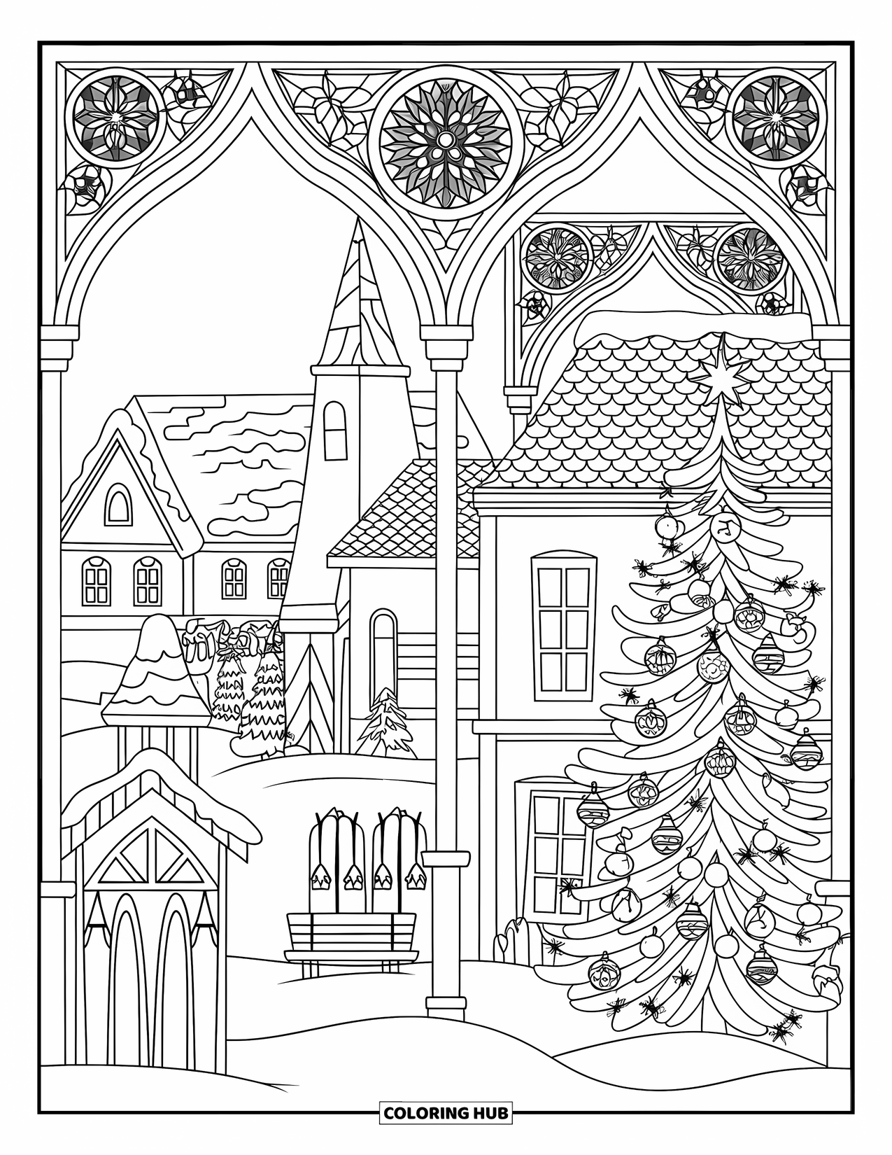 Christmas Village Coloring Page for Adults: A bright church and tree shine beneath patterned stained glass arches