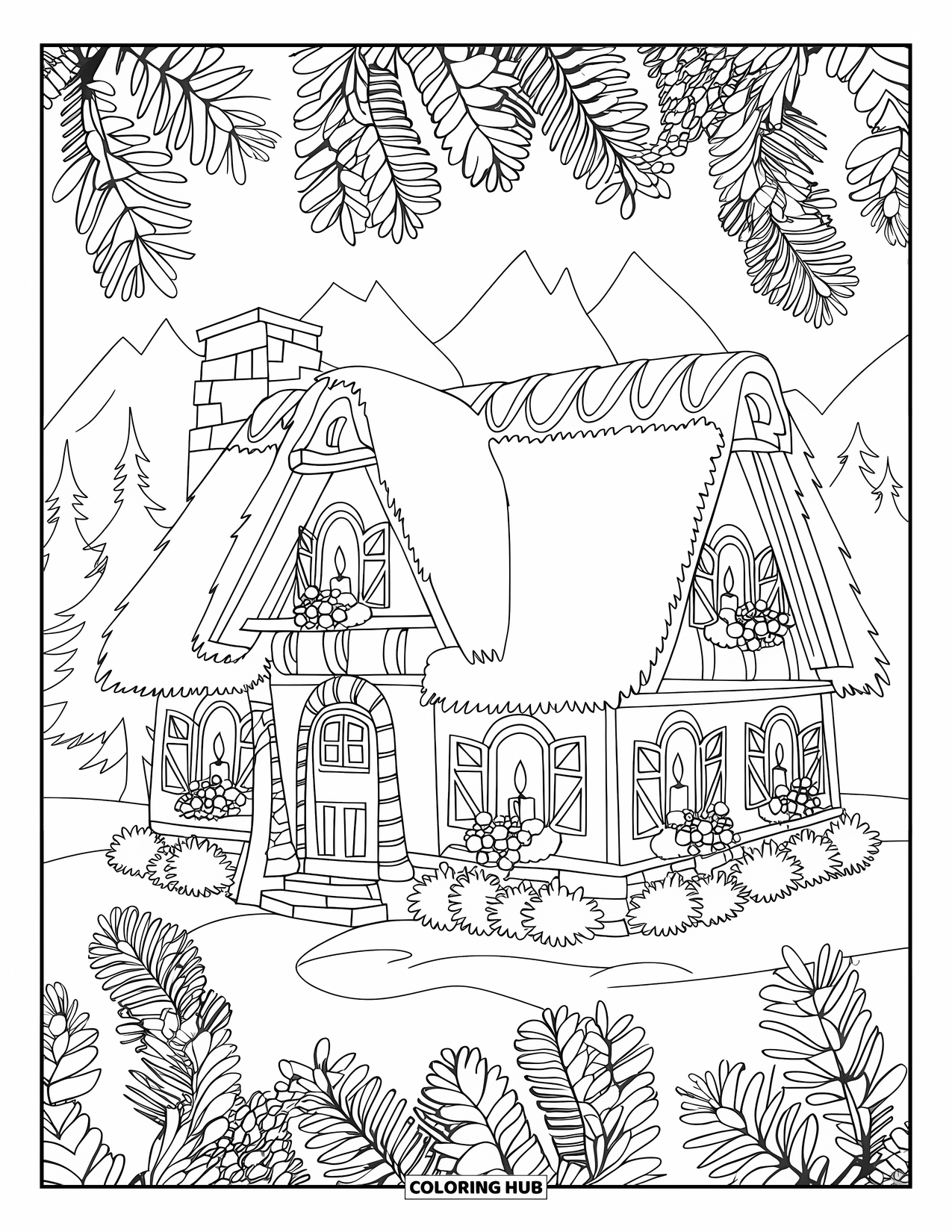 Christmas Village Coloring Page for Adults: A candlelit cottage sparkles among pinecones and fir branches