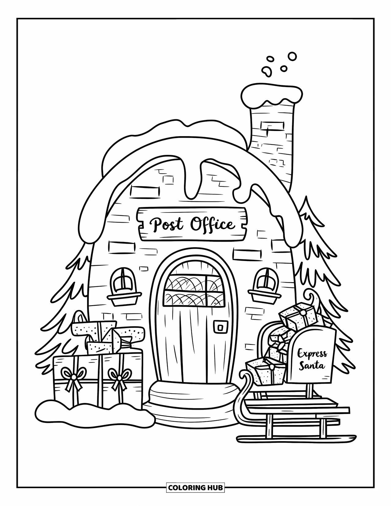 Christmas Village Coloring Page for Adults: A cozy brick post office shines under snow and chimney smoke