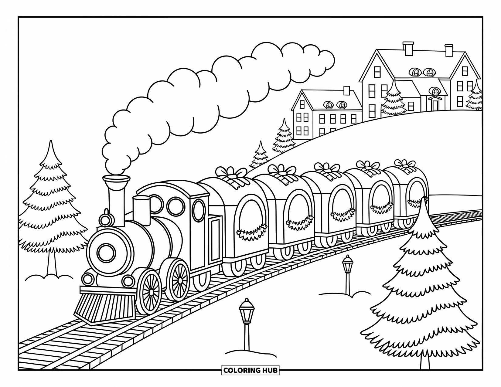 Christmas Village Coloring Page for Adults: A cozy train of presents and candies rolls through a winter wonderland