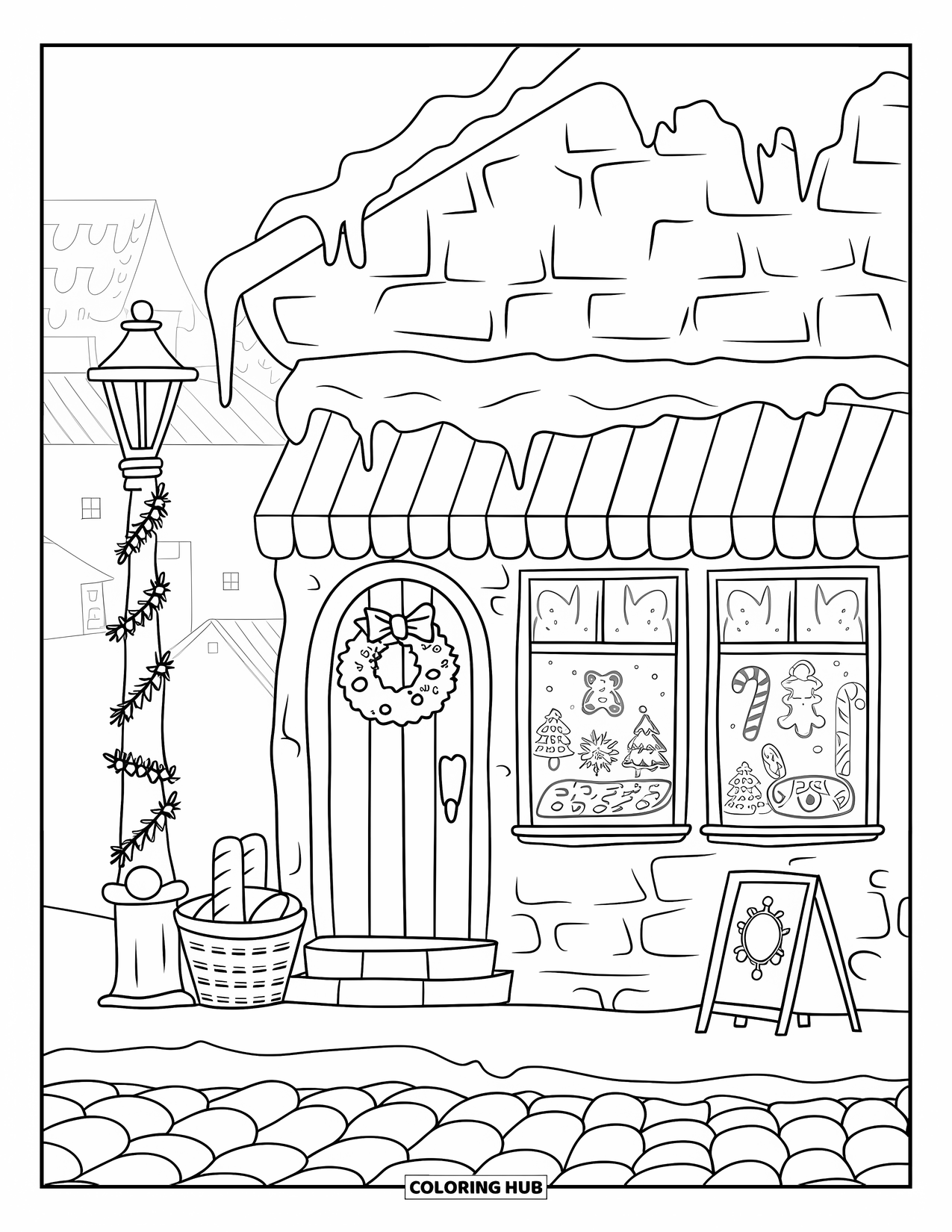 Christmas Village Coloring Page for Adults: A festive bakery welcomes guests with sweets and glowing lights
