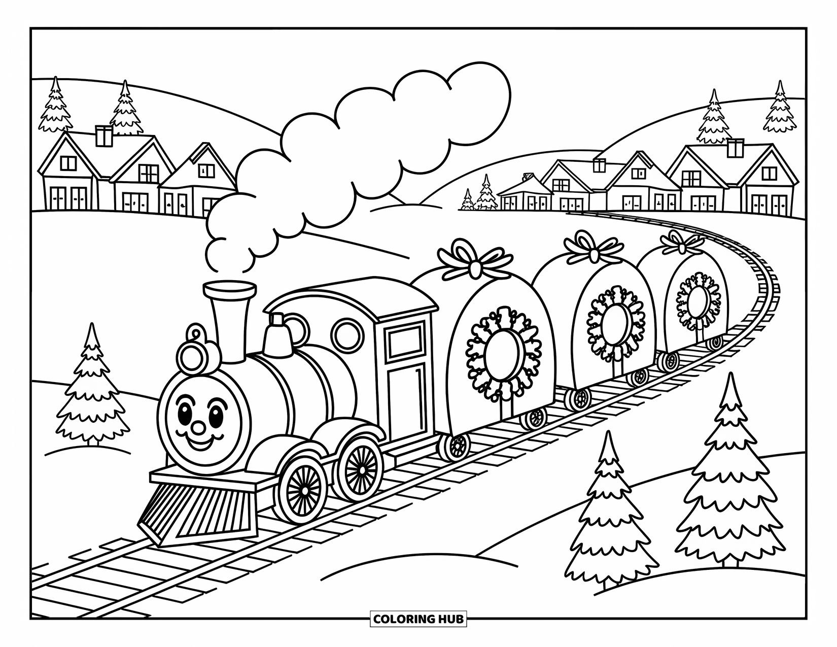 Christmas Village Coloring Page for Adults: A festive train chugs past snowy hills and twinkling pine trees