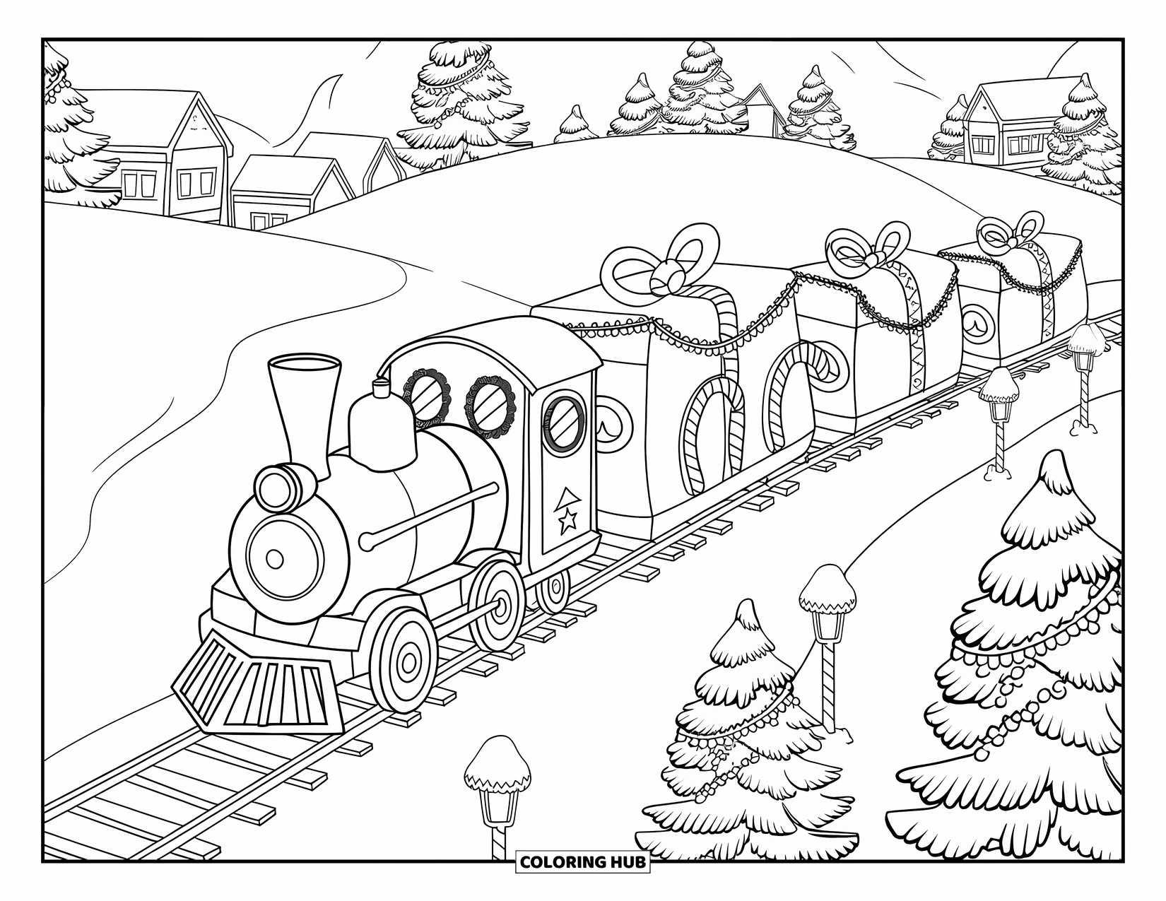 Christmas Village Coloring Page for Adults: A festive train of presents rolls through a snowy countryside