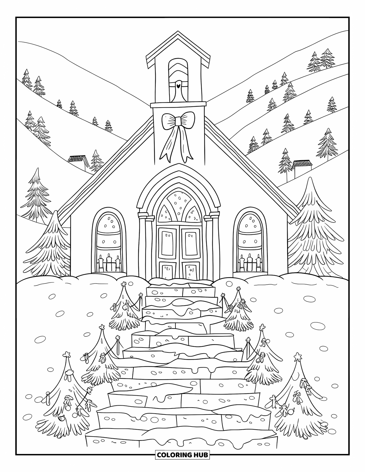 Christmas Village Coloring Page for Adults: A small church stands bright under snow and stars