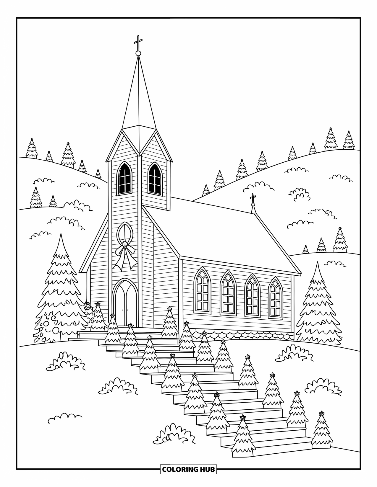 Christmas Village Coloring Page for Adults: A small church with glowing windows sits peacefully atop a snowy hill