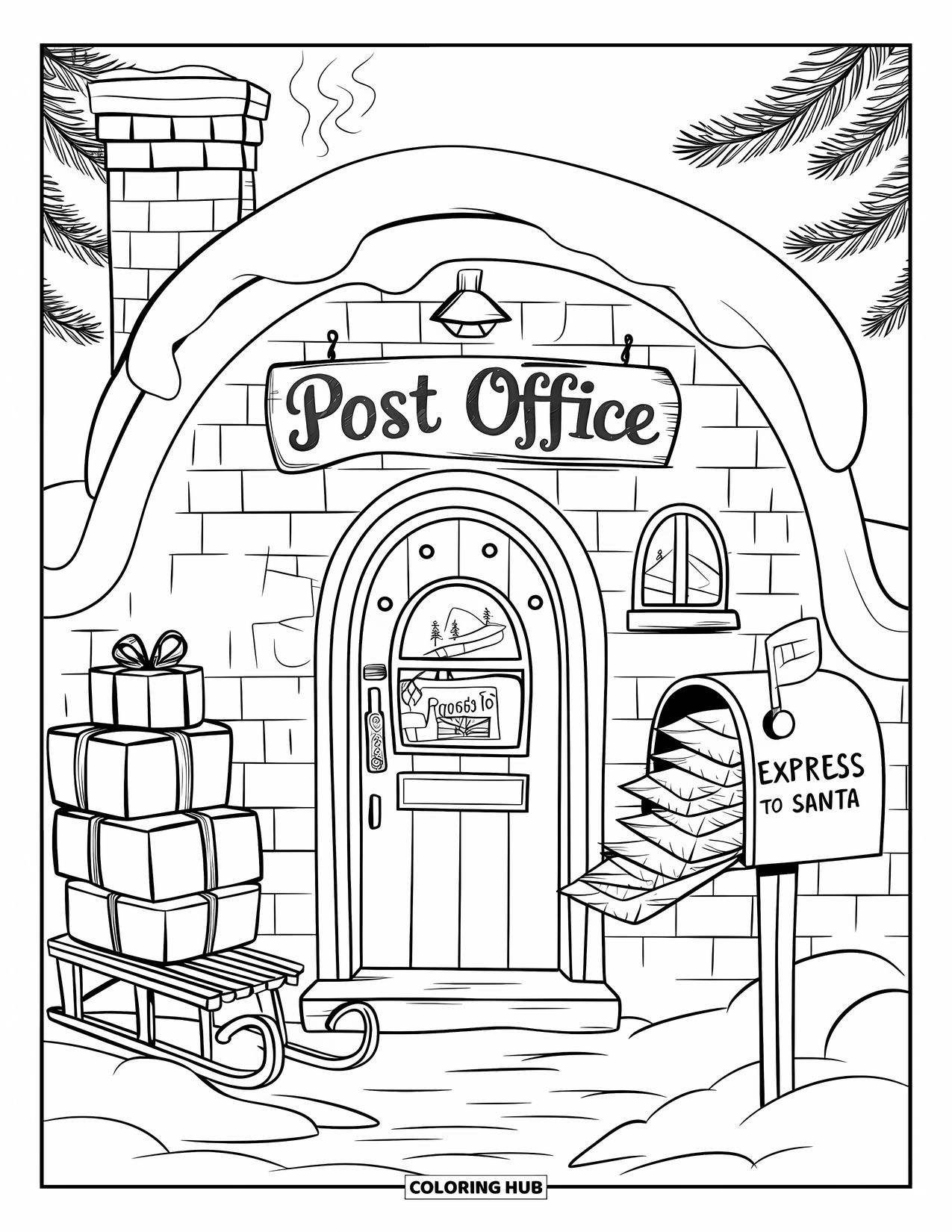 Christmas Village Coloring Page for Adults: A small post office glows with ribbons, parcels, and Santaís letters