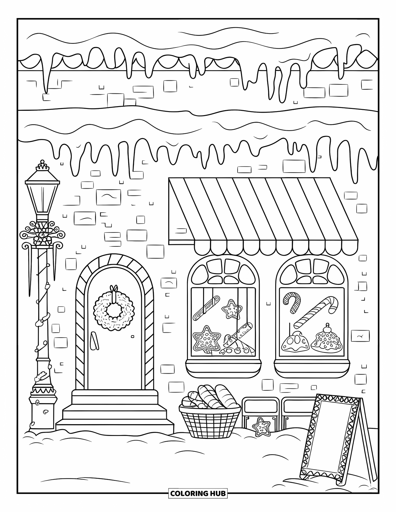 Christmas Village Coloring Page for Adults: A small snowy bakery sparkles with wreaths and gingerbread treats