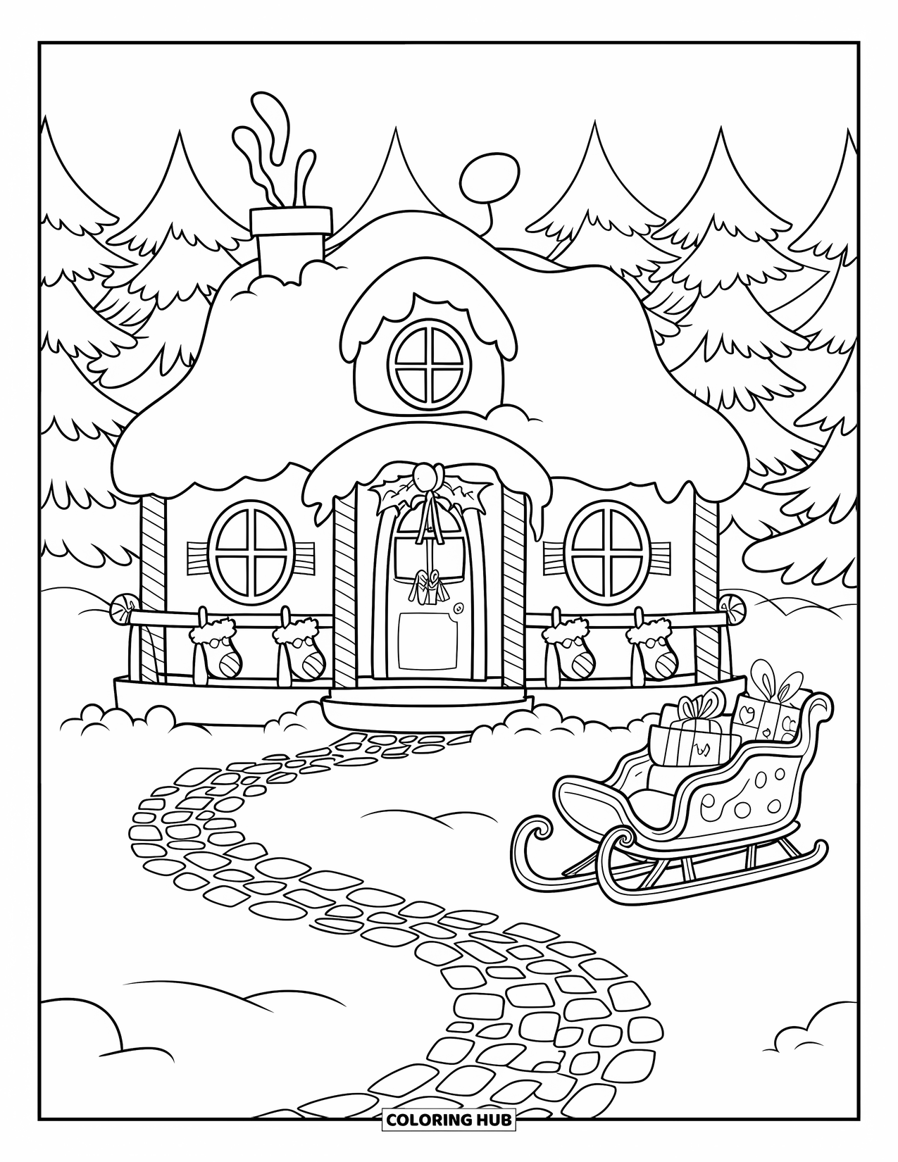Christmas Village Coloring Page for Adults: A snowy cottage shines with stockings, gifts, and gentle smoke