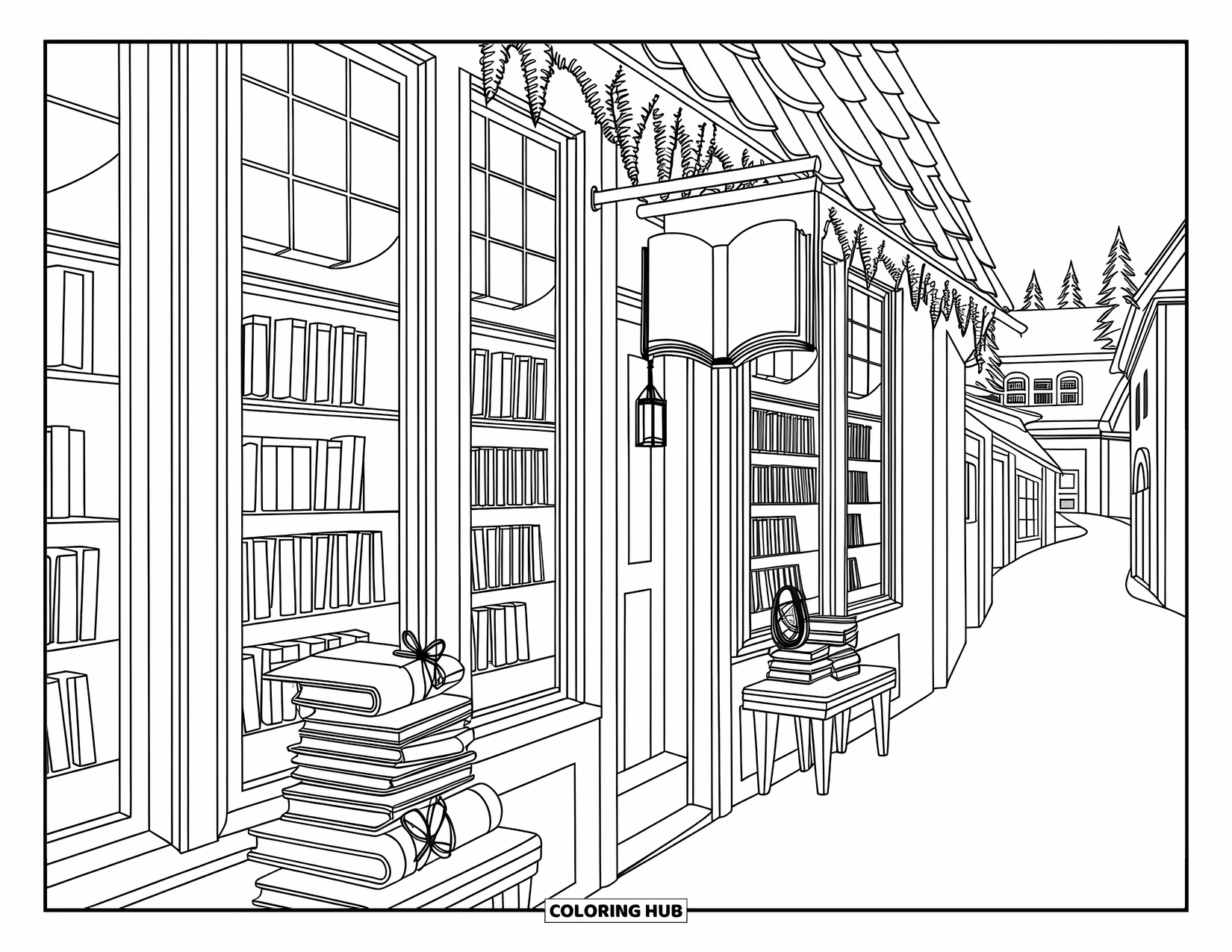 Christmas Village Coloring Page for Adults: A warm corner bookstore sparkles with icicles, books, and gentle winter light
