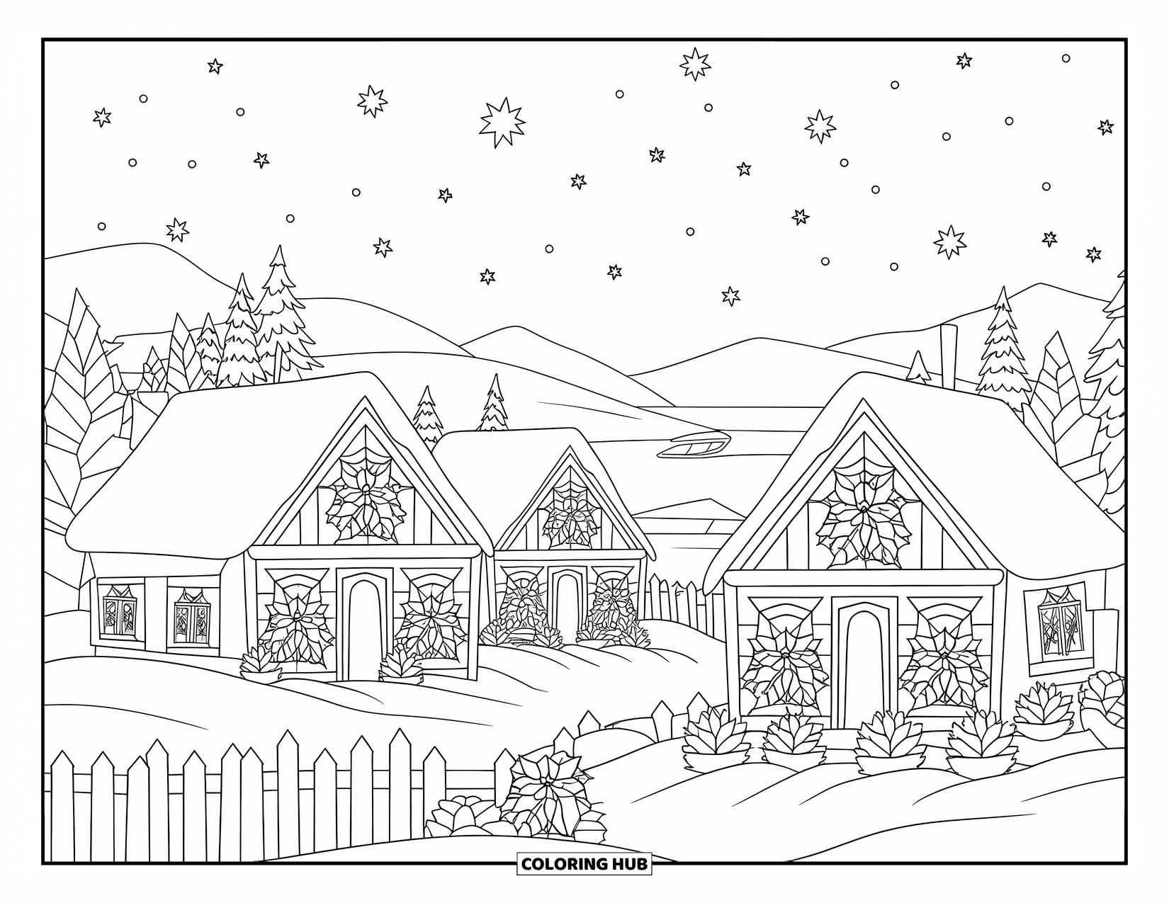 Christmas Village Coloring Page for Adults: Cottages with stained glass windows glow beneath snowy mountains