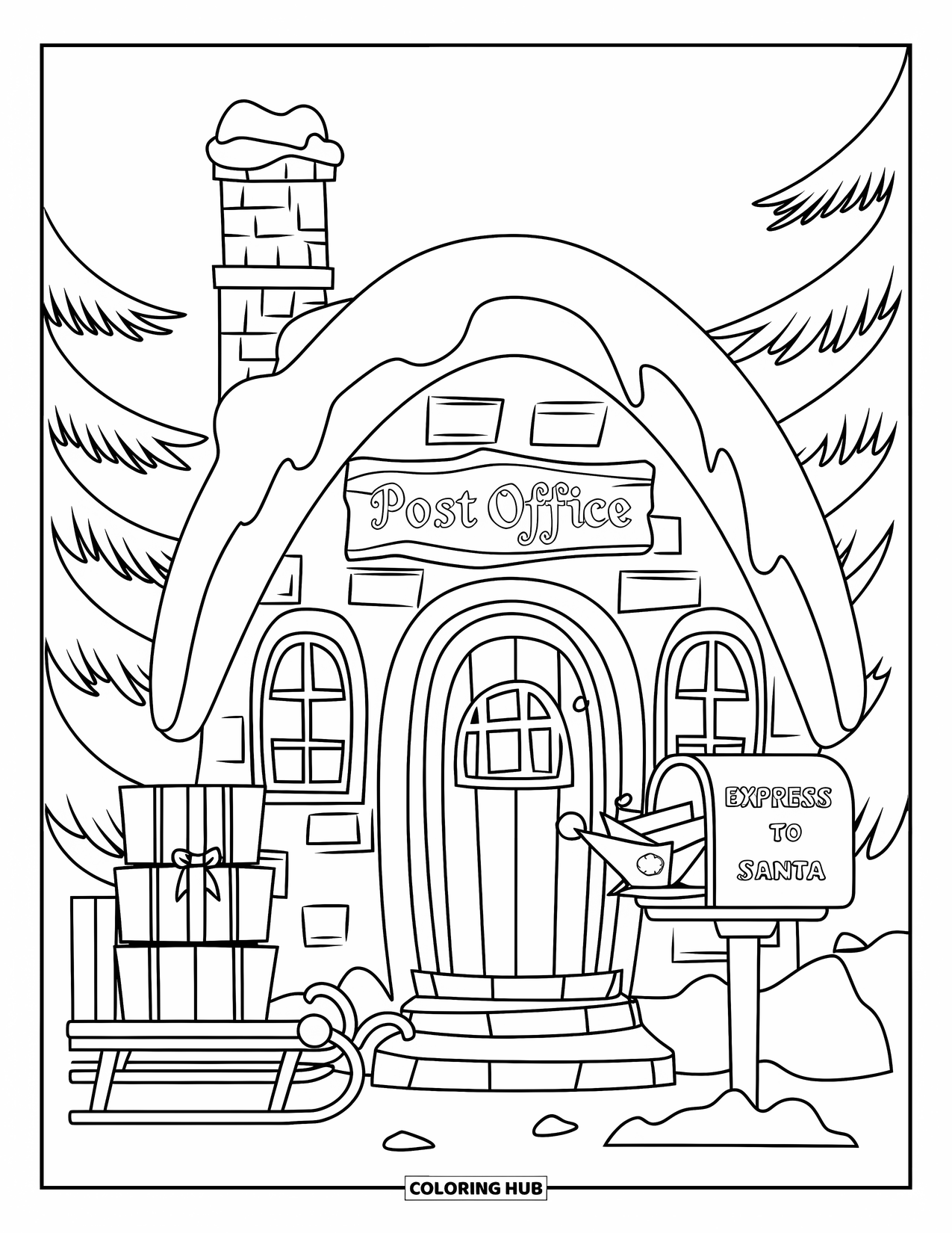 Christmas Village Coloring Page for Adults: Santaís post office bustles with letters and snowy decorations