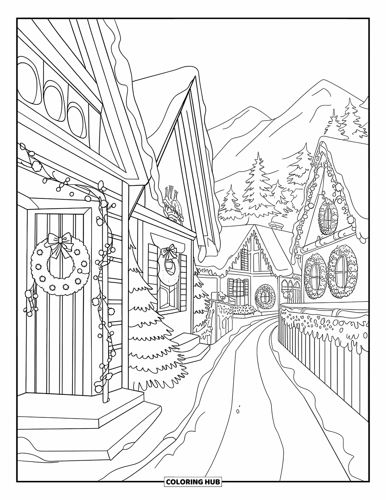 Christmas Village Coloring Page for Adults: Snowy village houses line a cozy, lantern-lit street