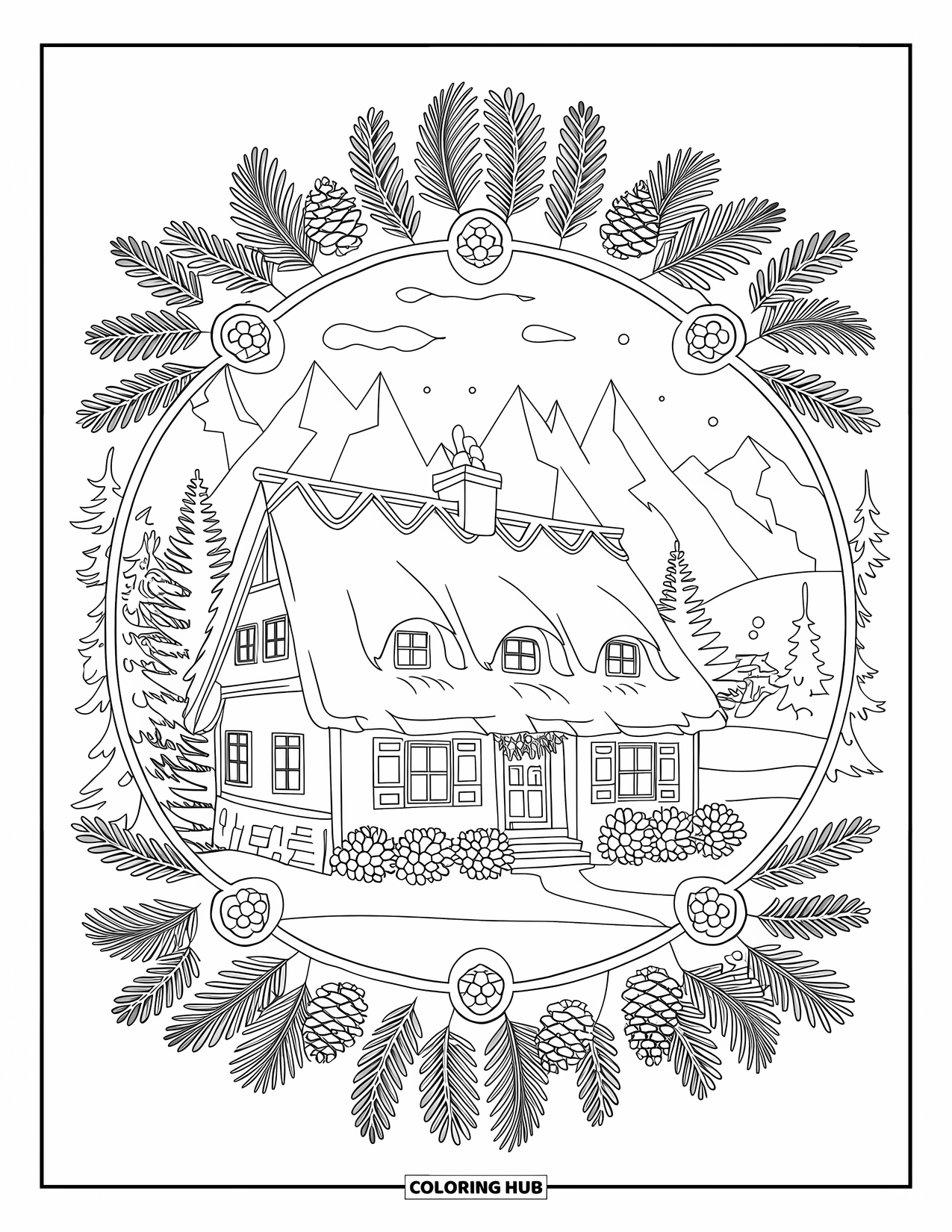 Christmas Village Coloring Page for Adults: Warm light shines from a cottage framed by pine mandalas