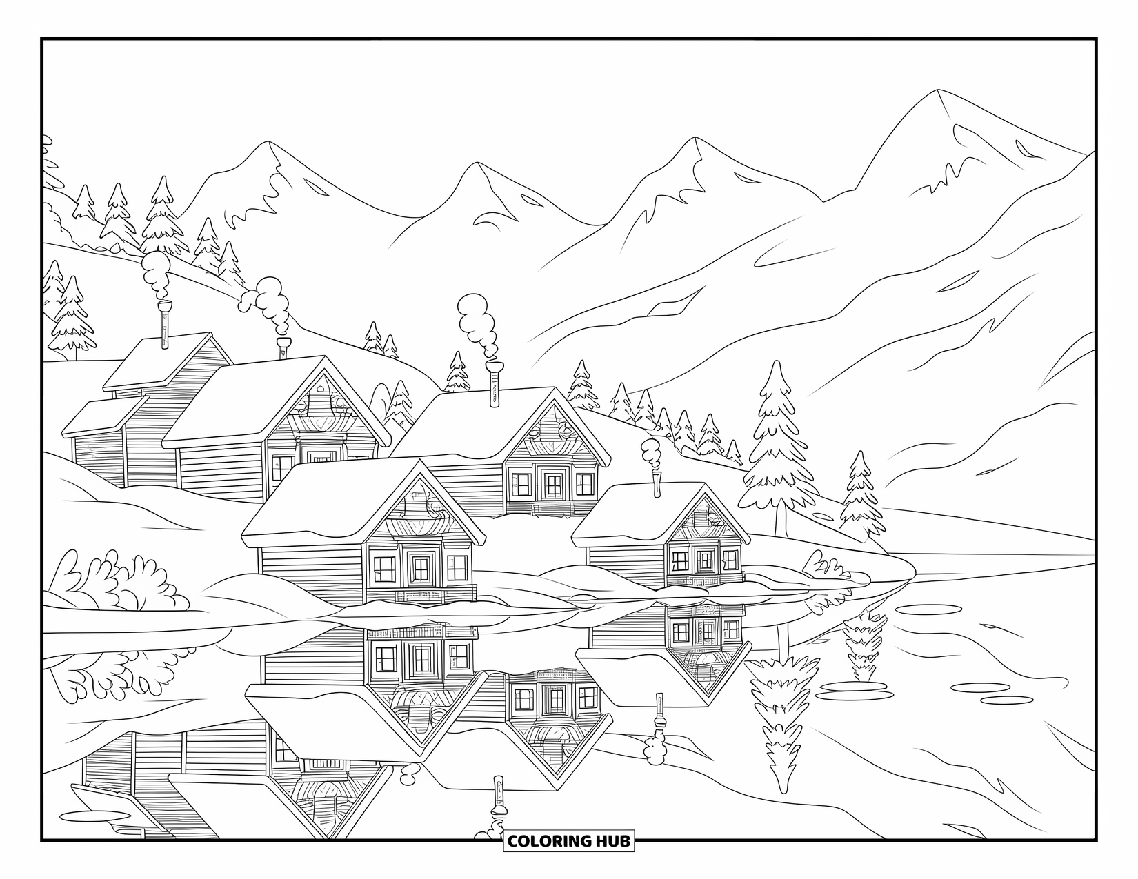 Christmas Village Coloring Page for Kids: A calm winter lake mirrors cabins and snowy trees in a mountain village