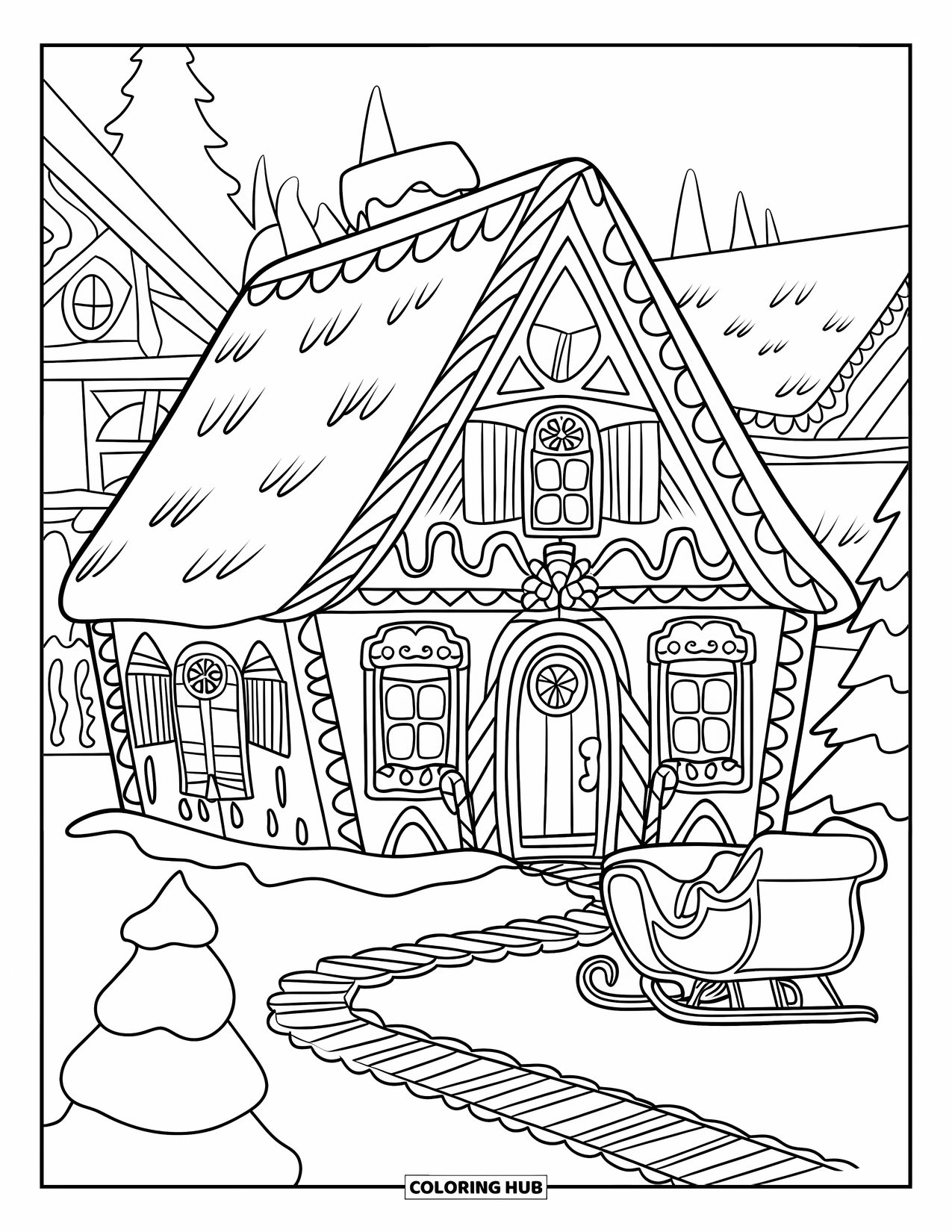 Christmas Village Coloring Page for Kids: A candy cottage sits beside a sleigh in a snowy village