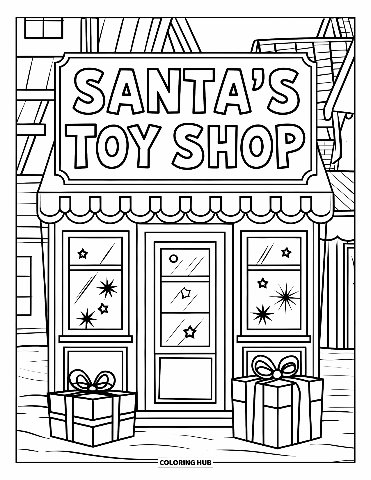 Christmas Village Coloring Page for Kids: A cheerful toy shop glows in a snowy Christmas village