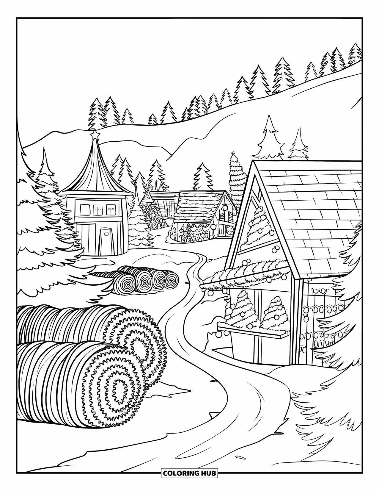 Christmas Village Coloring Page for Kids: A Christmas tree farm leads into a twinkling winter village