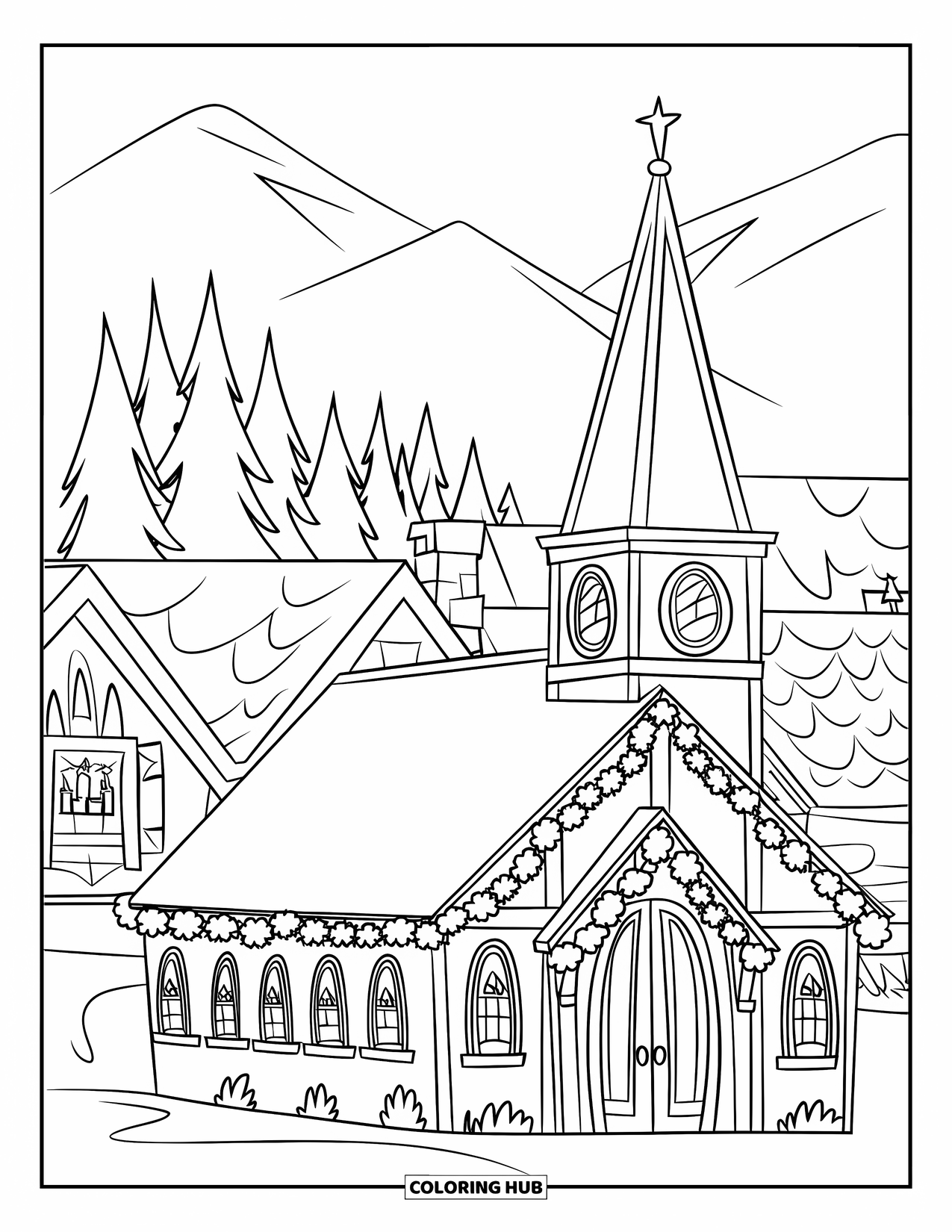 Christmas Village Coloring Page for Kids: A church decorated with garlands glows in the snowy village