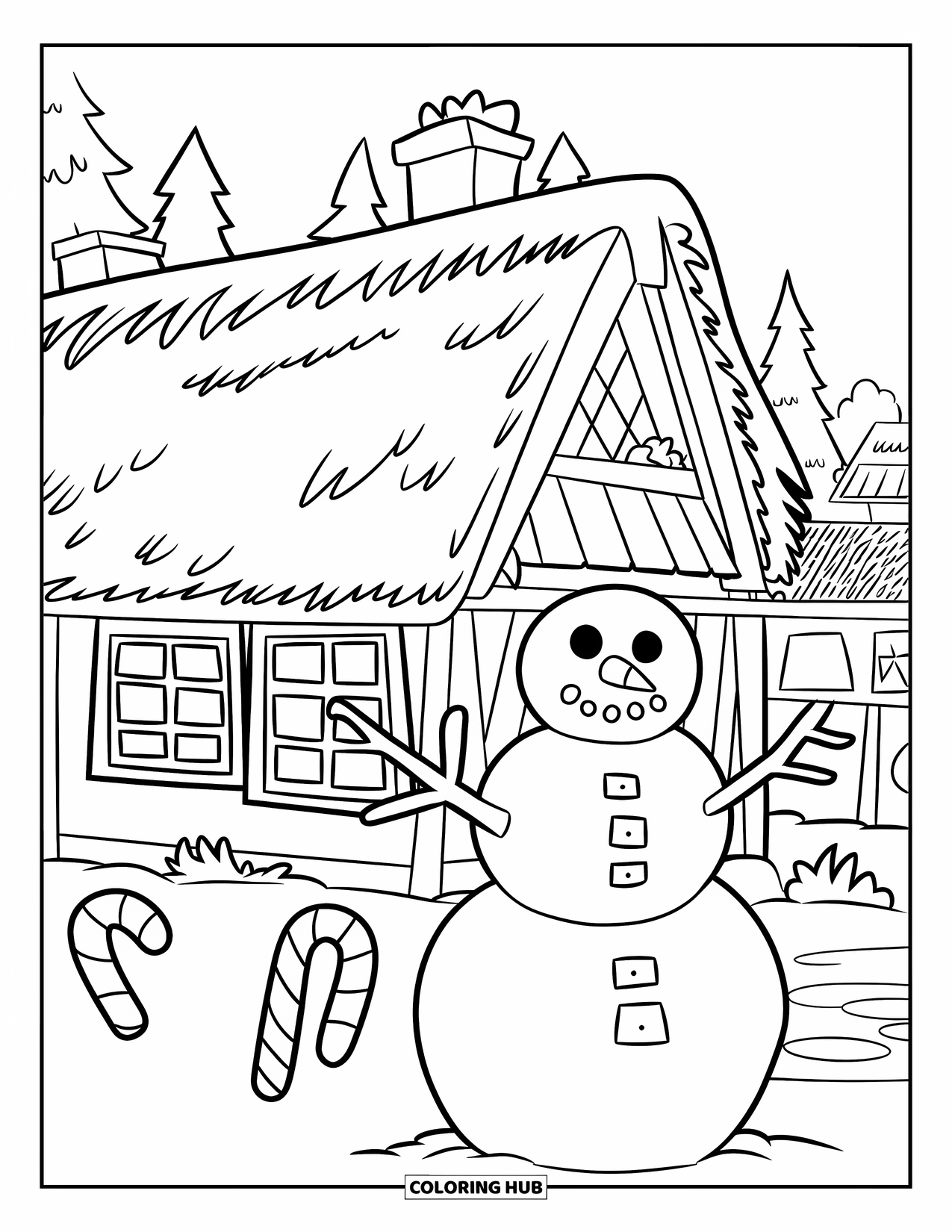 Christmas Village Coloring Page for Kids: A cottage with candy canes and a snowman glistens with snow