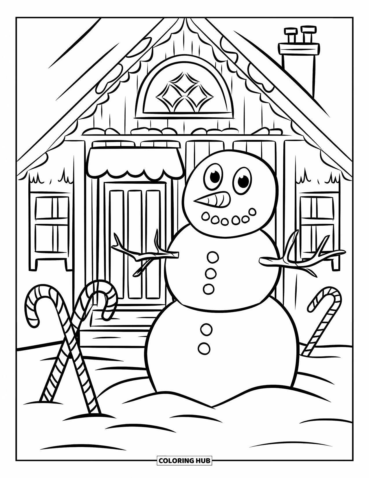 Christmas Village Coloring Page for Kids: A cozy cottage and snowman glow in the winter snow