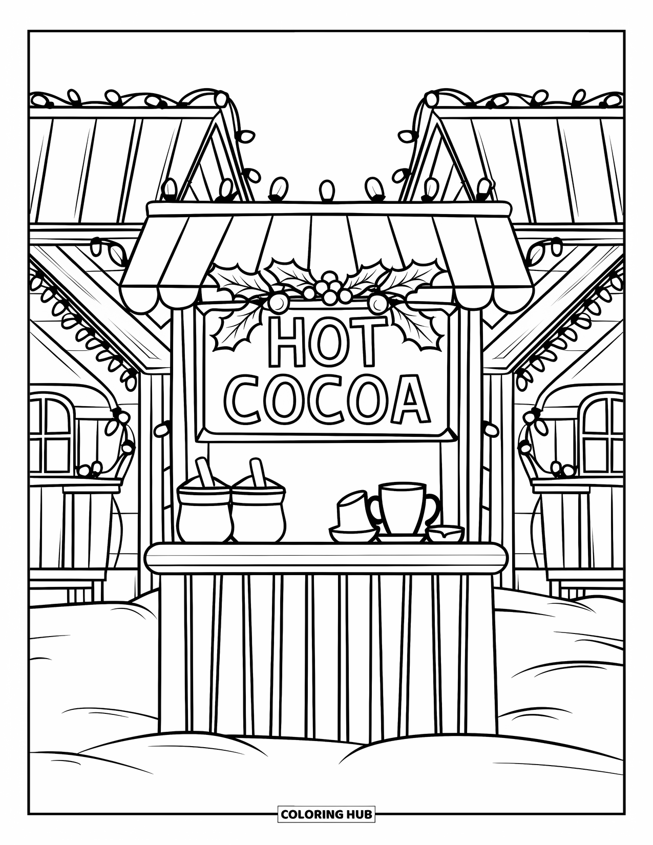 Christmas Village Coloring Page for Kids: A festive cocoa stand glows with holly and twinkling lights