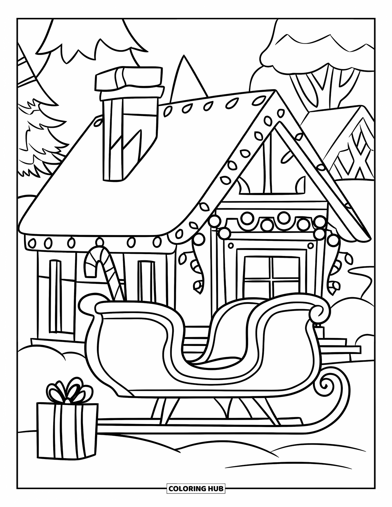 Christmas Village Coloring Page for Kids: A gift rests by a sleigh near a warm village cottage