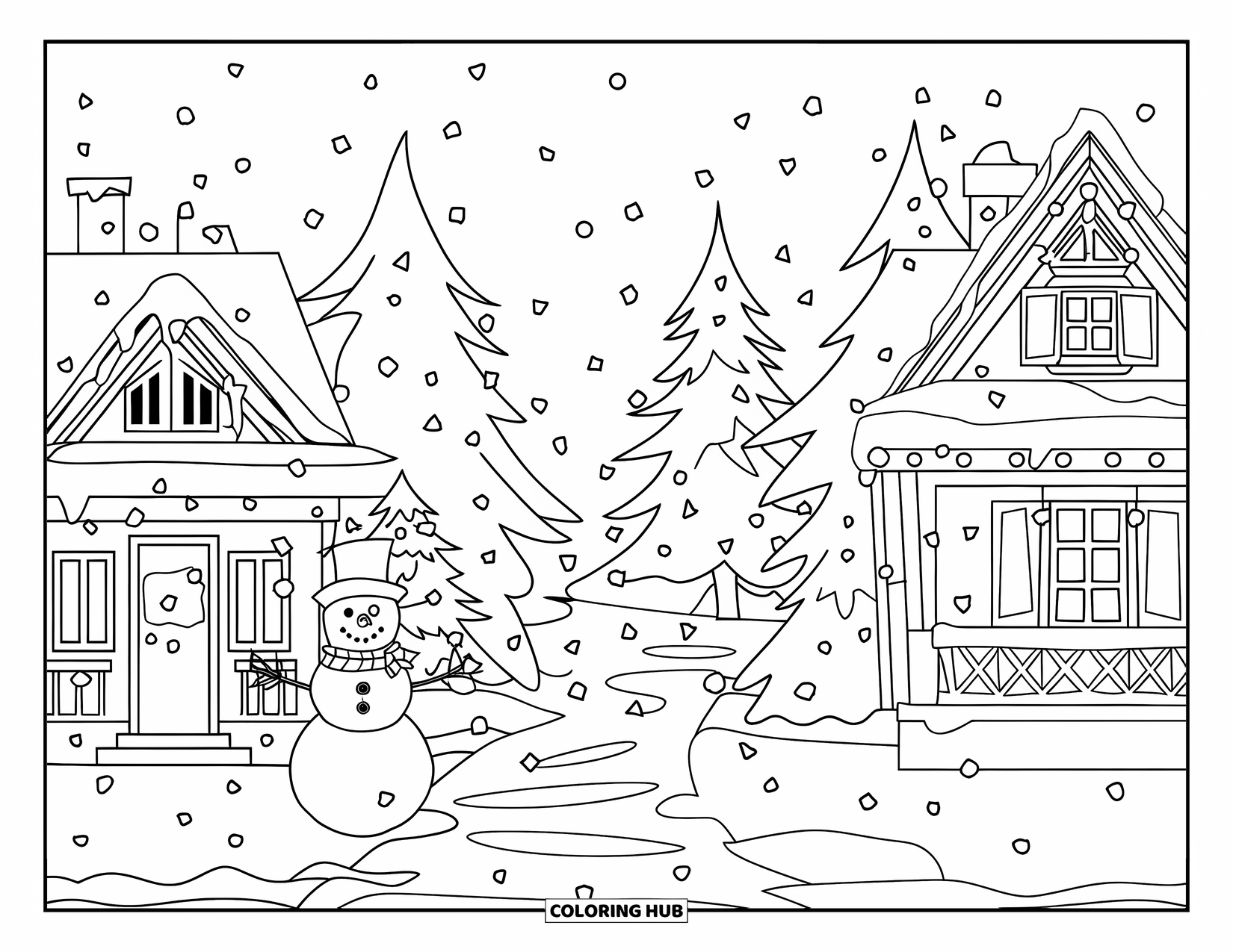 Christmas Village Coloring Page for Kids: A happy snowman greets passersby on a snowy street