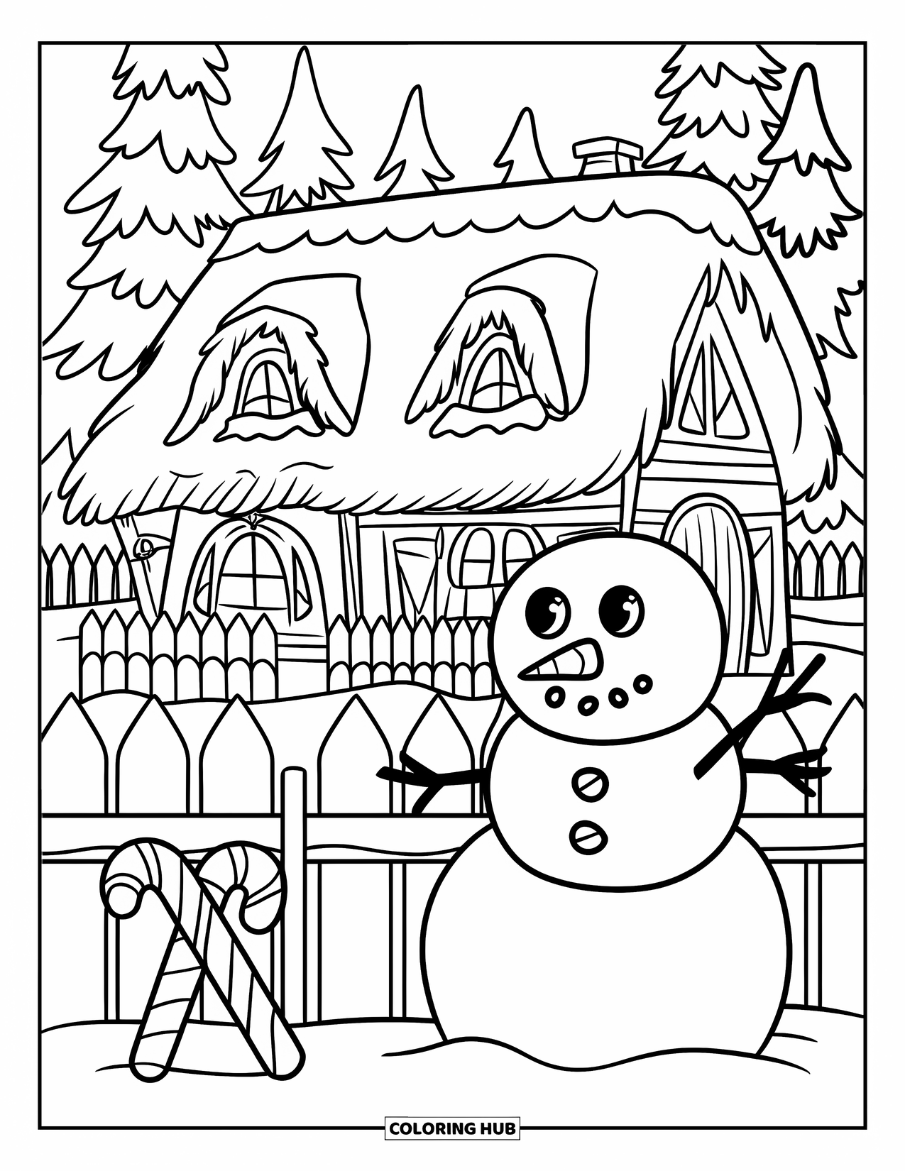 Christmas Village Coloring Page for Kids: A jolly snowman stands near a candy-decked Christmas cottage