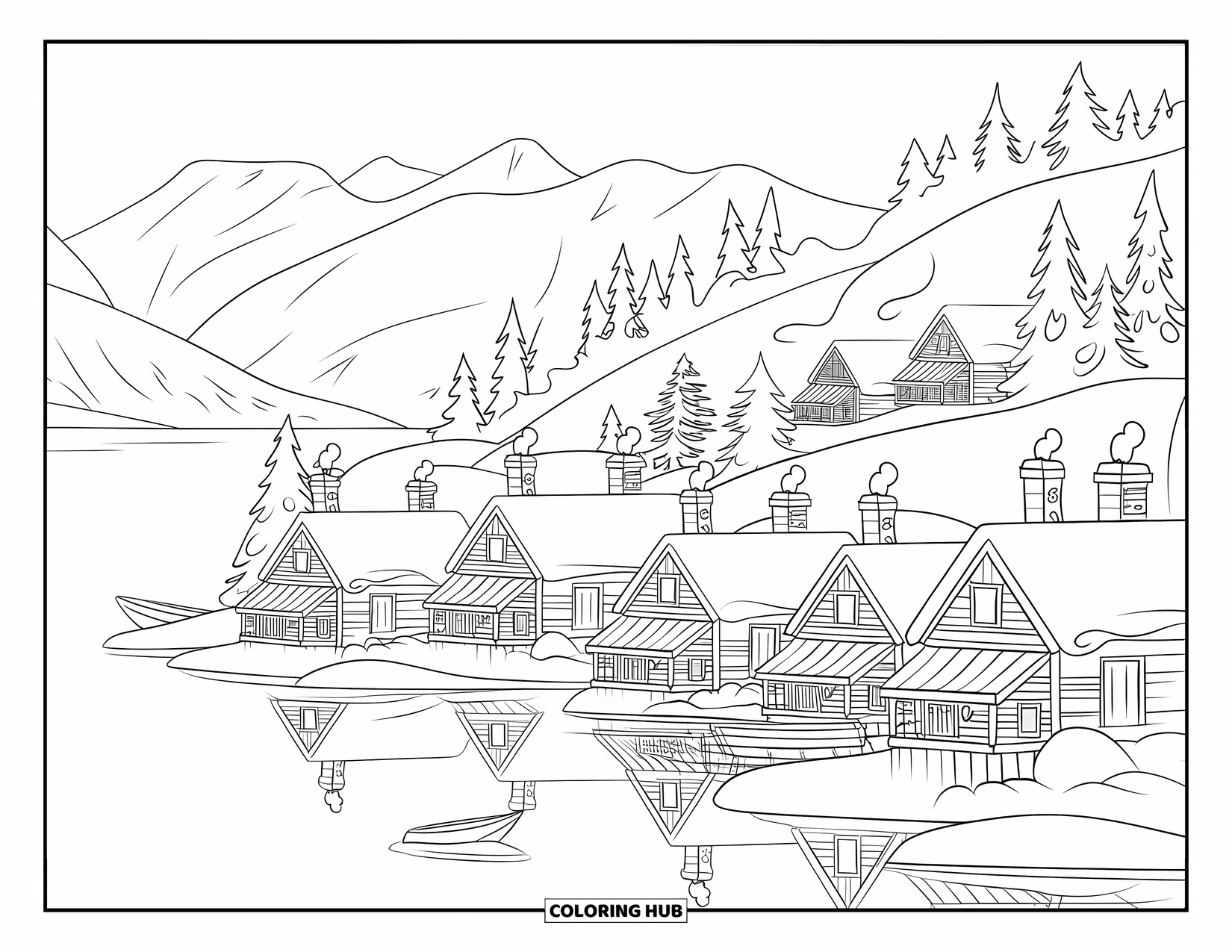 Christmas Village Coloring Page for Kids: A peaceful Christmas village sits by a calm lake with snowy trees