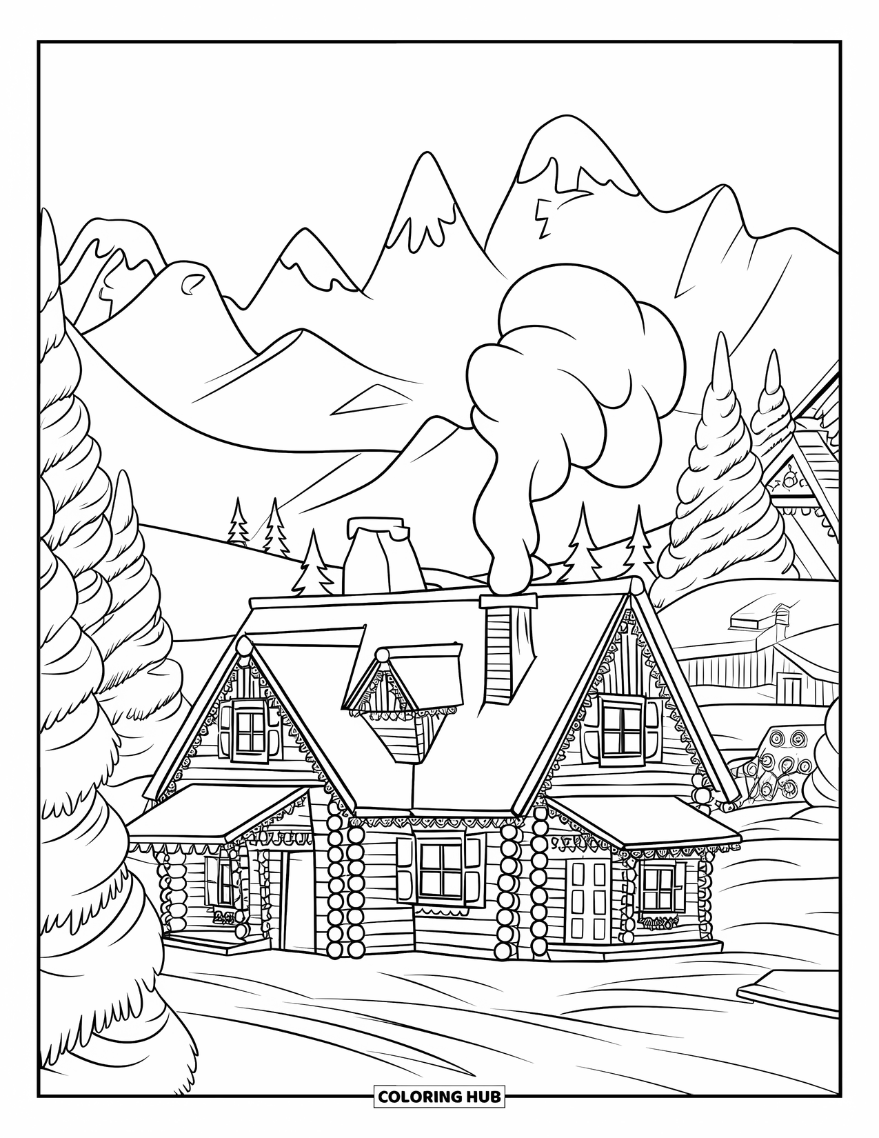 Christmas Village Coloring Page for Kids: A quiet cottage with smoke curling from its chimney