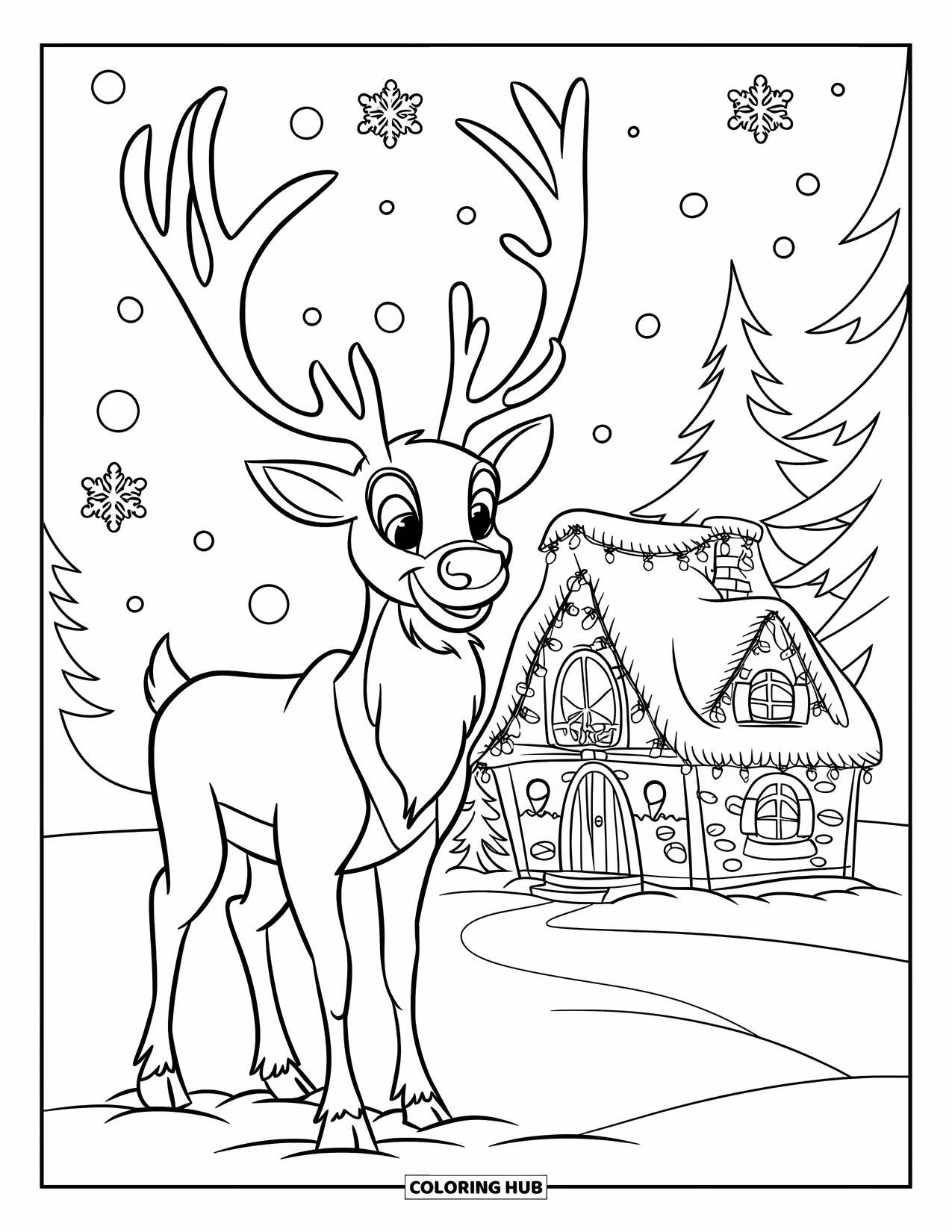 Christmas Village Coloring Page for Kids: A reindeer stands near a glowing house in the snow
