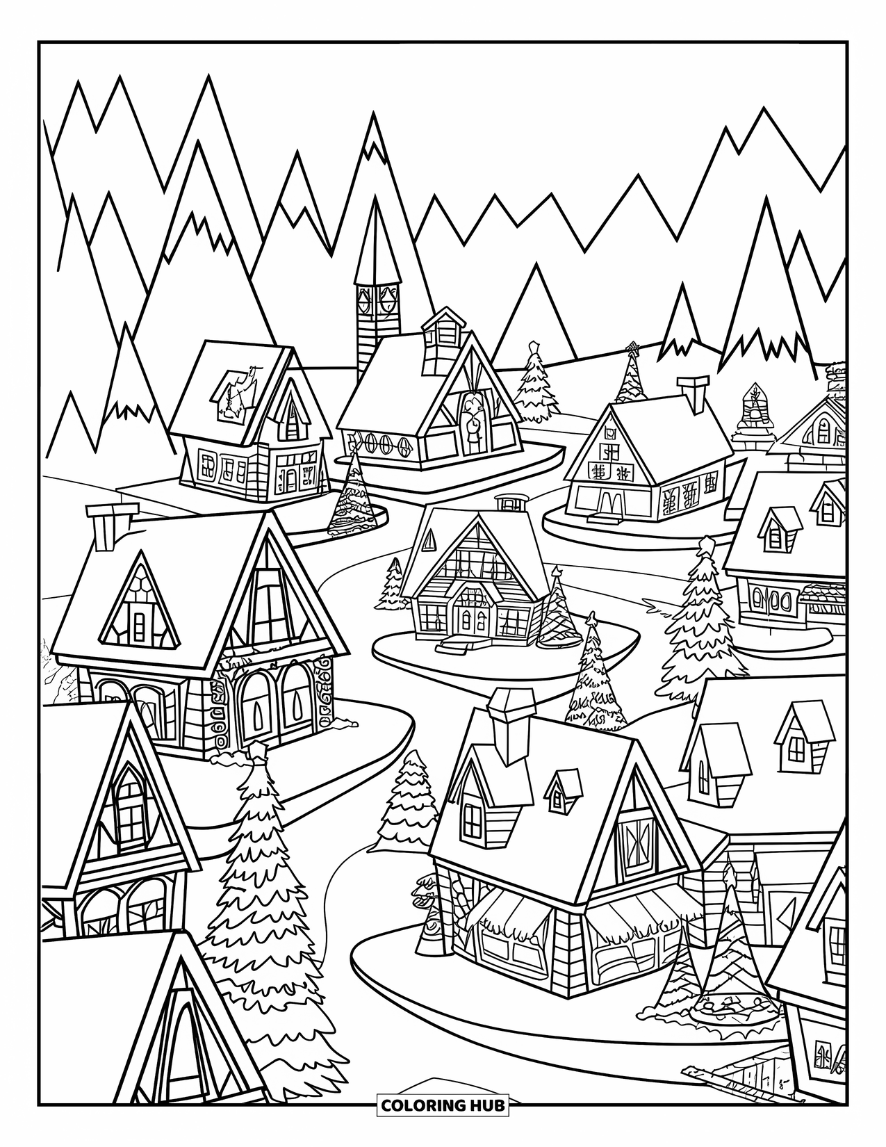 Christmas Village Coloring Page for Kids: A snowy Christmas village with winding streets and rooftops