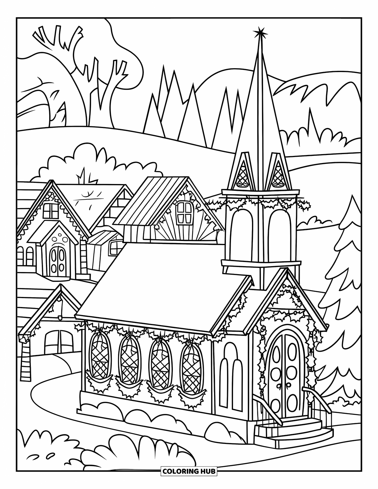 Christmas Village Coloring Page for Kids: A snowy church stands tall among cottages and trees