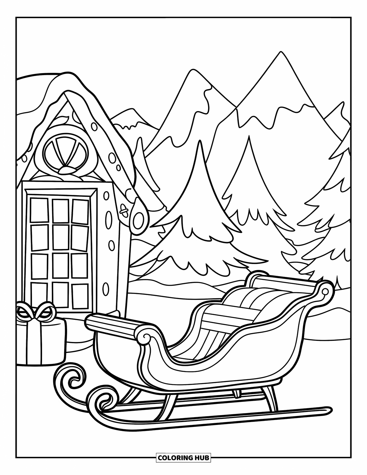 Christmas Village Coloring Page for Kids: A snowy cottage with a sleigh parked near the door