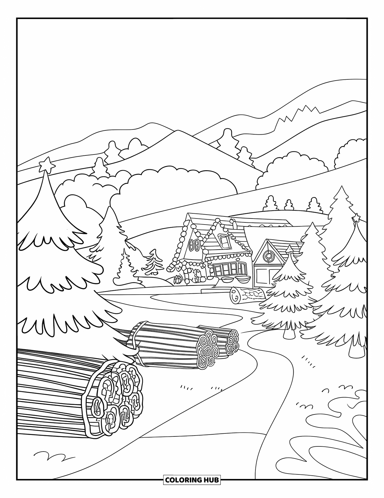 Christmas Village Coloring Page for Kids: A snowy tree farm glows beside a cozy Christmas town