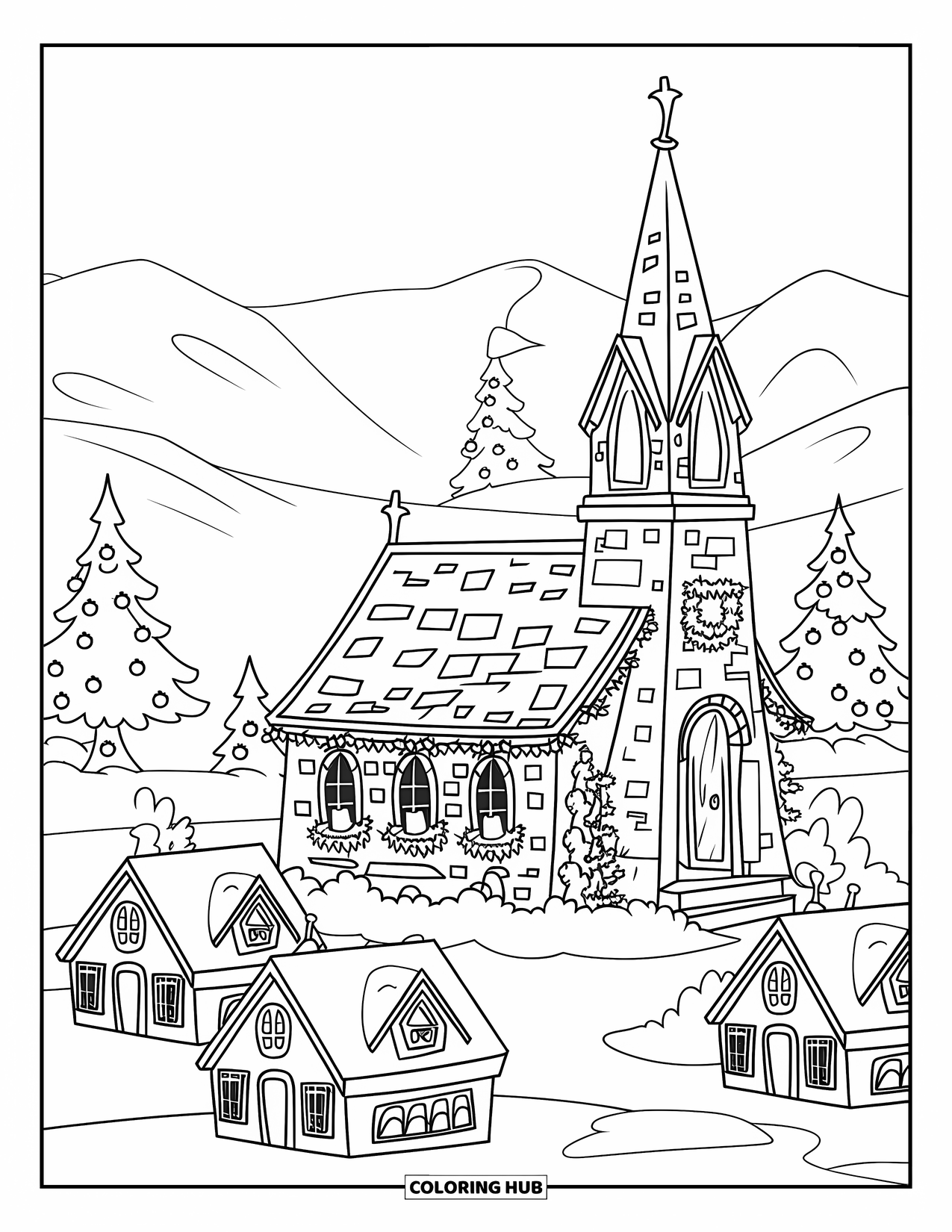 Christmas Village Coloring Page for Kids: A stone church with candles and garlands shines warmly