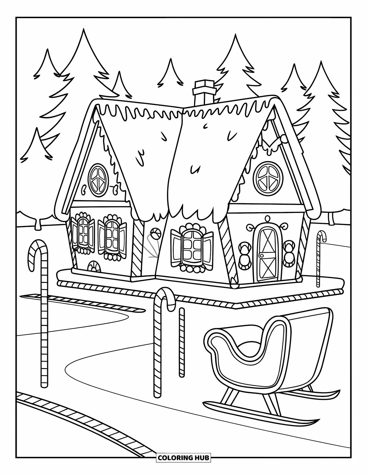 Christmas Village Coloring Page for Kids: A sweet cottage with candy paths and a sleigh nearby