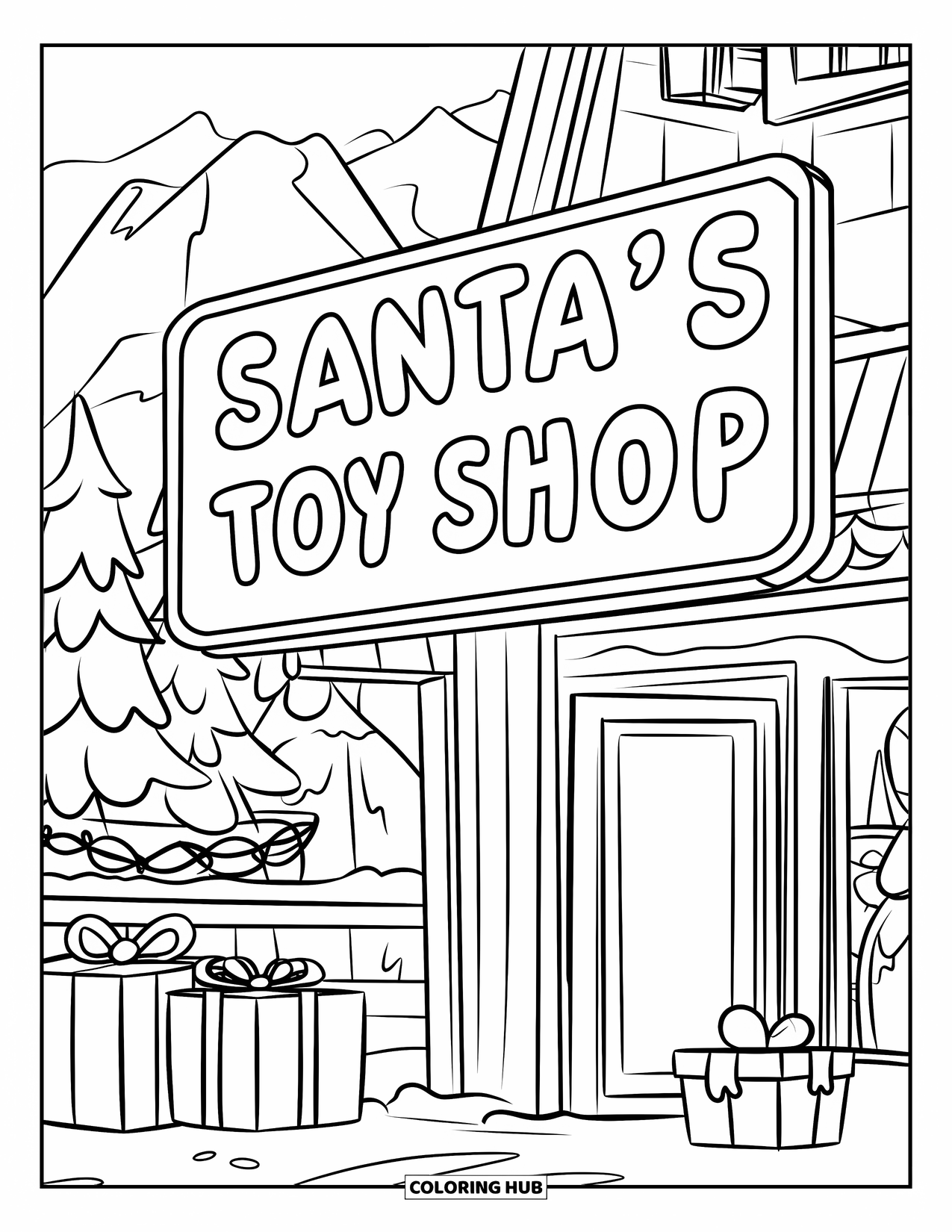 Christmas Village Coloring Page for Kids: A toy shop in Santa's village sparkles with presents