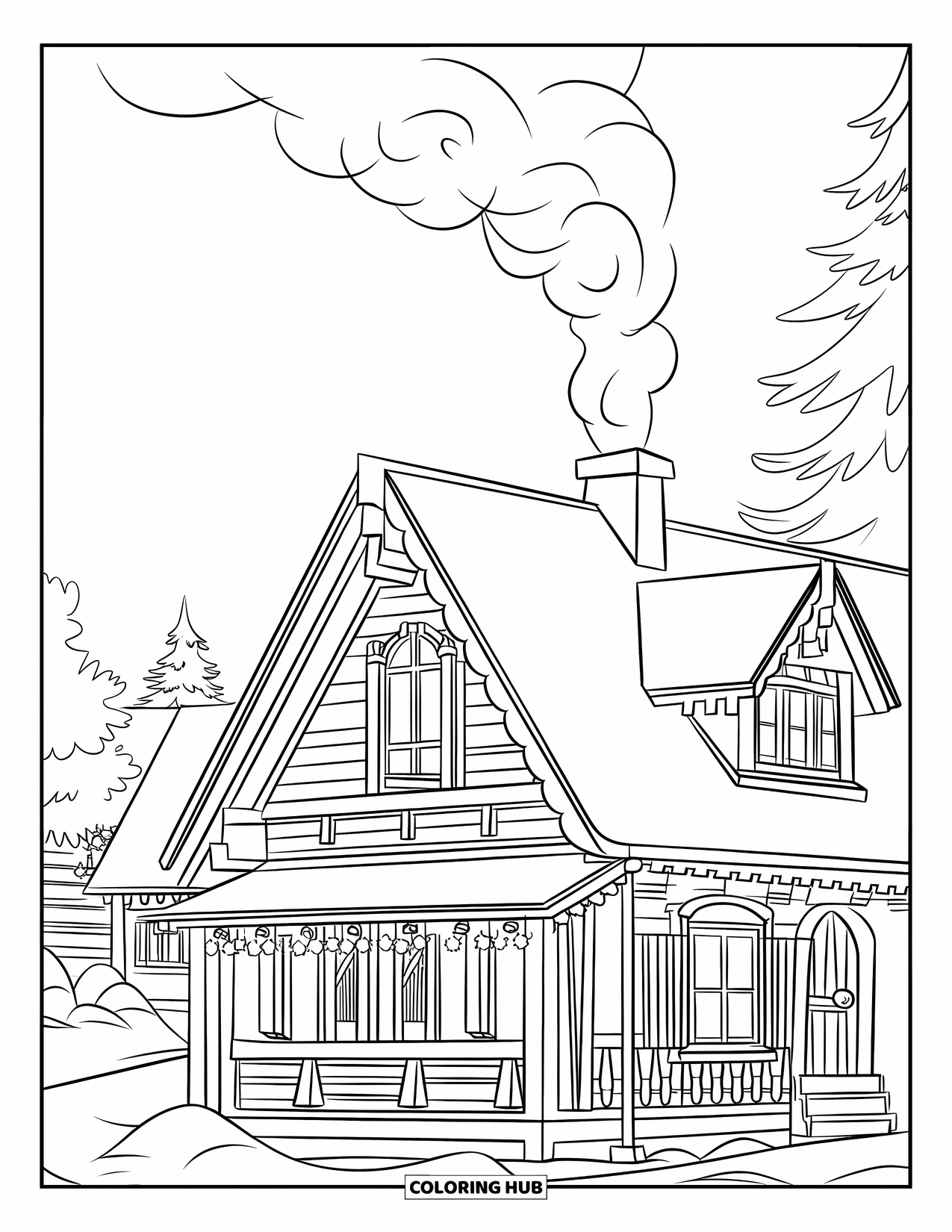 Christmas Village Coloring Page for Kids: A warm cottage with smoke rising stands in a snowy village