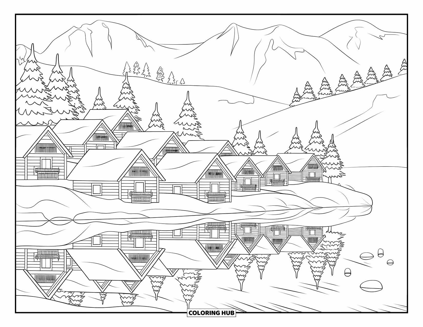 Christmas Village Coloring Page for Kids: Cabins reflect on a quiet lake surrounded by snow and pine trees