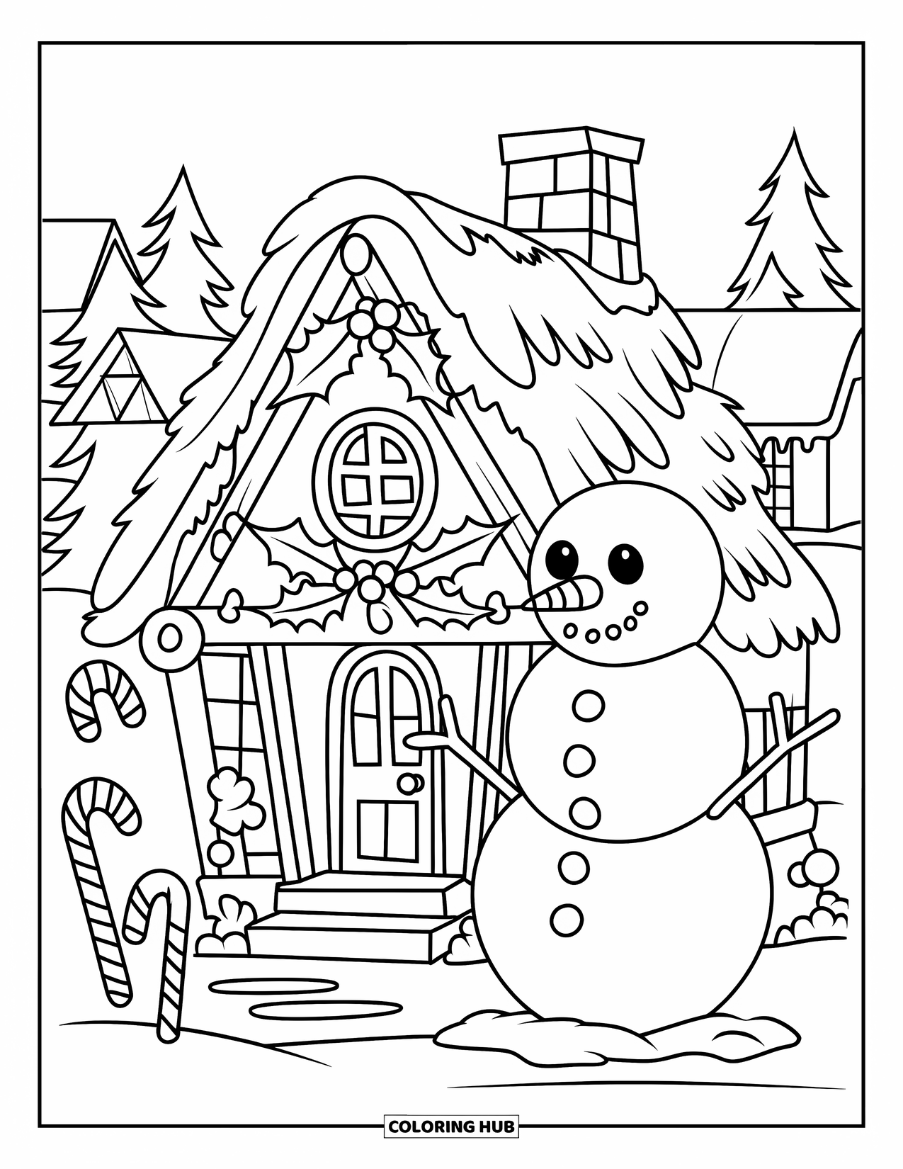 Christmas Village Coloring Page for Kids: Candy canes line a snowy yard with a cheerful snowman