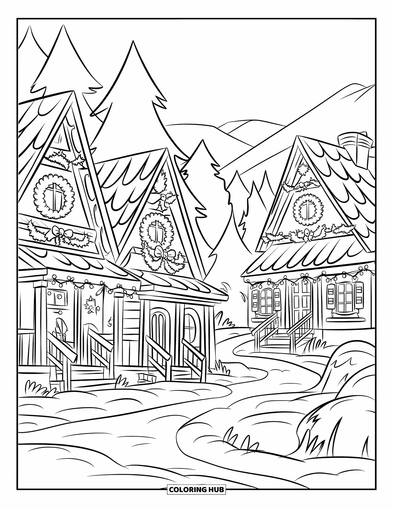 Christmas Village Coloring Page for Kids: Garland-trimmed houses line a snowy village path